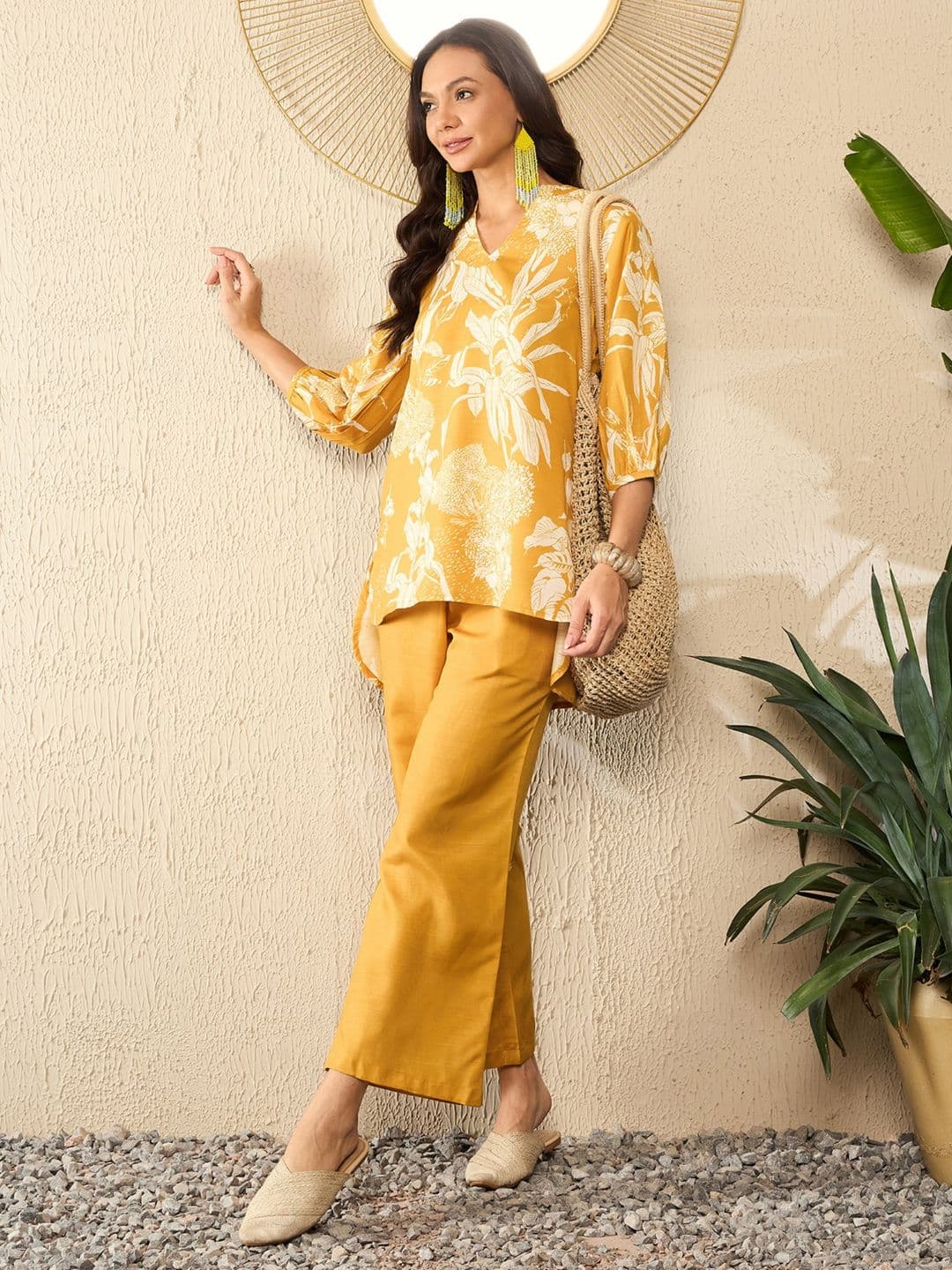 KALINI Floral Printed V-Neck Three-Quarter Sleeves Top With Trouser - view 1