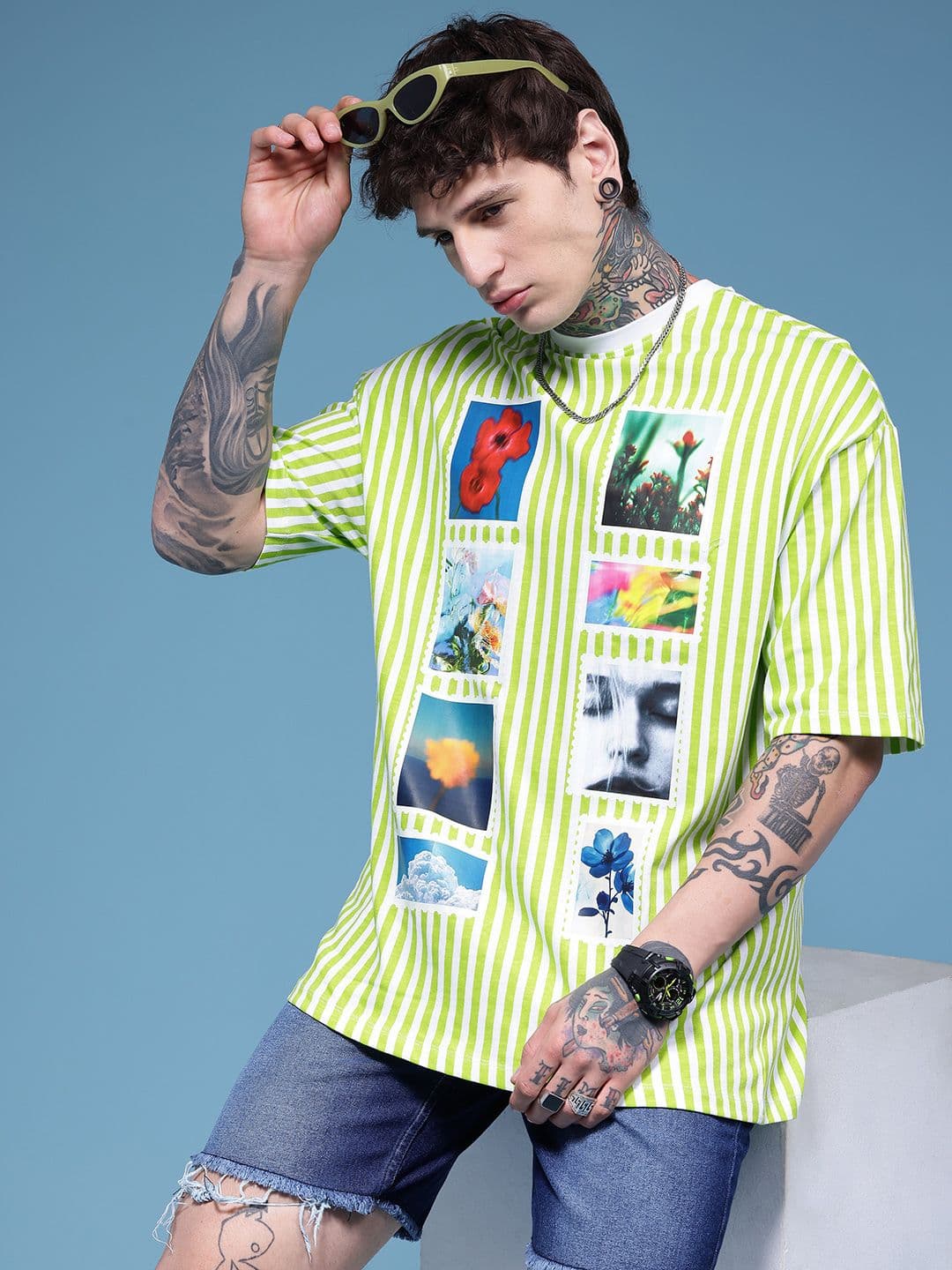 HERE&NOW Pure Cotton Striped Photographic Printed Oversized T-shirt - view 1