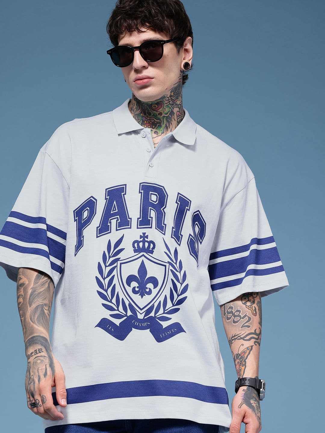 HERE&NOW Oversized Fit Varsity Printed Polo Collar Pure Cotton T-shirt - view 1