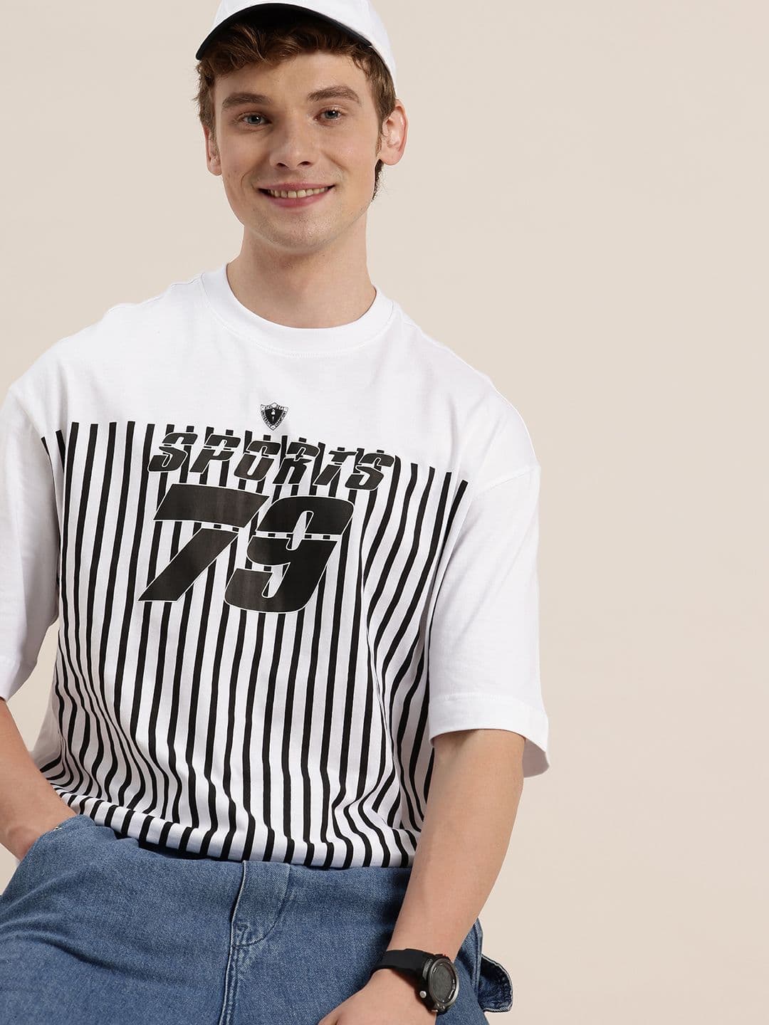 HERE&NOW Pure Cotton Typography Printed Striped Drop-Shoulder Sleeves Oversized Fit T-shirt - view 1