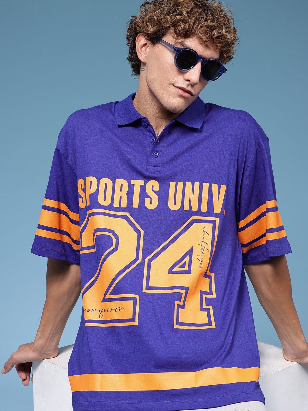 HERE&NOW Oversized Fit Varsity Printed Polo Collar Pure Cotton T-shirt - view 1