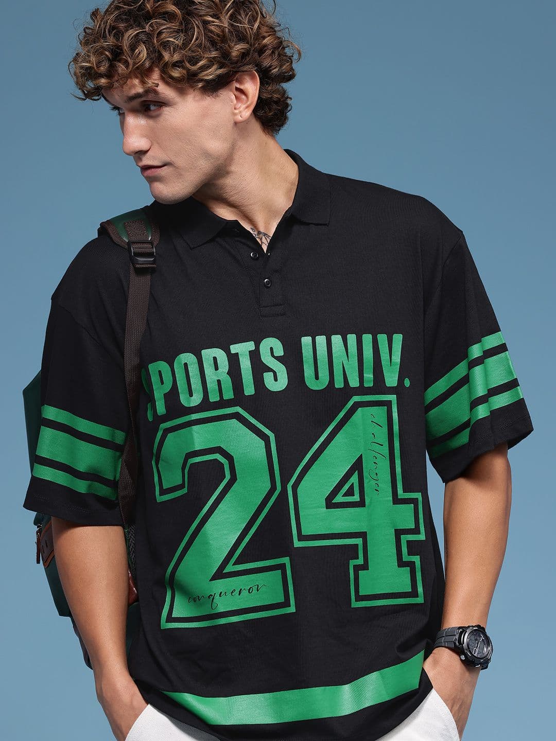 HERE&NOW Pure Cotton Varsity Printed Relaxed Fit Polo Collar T-shirt - view 1