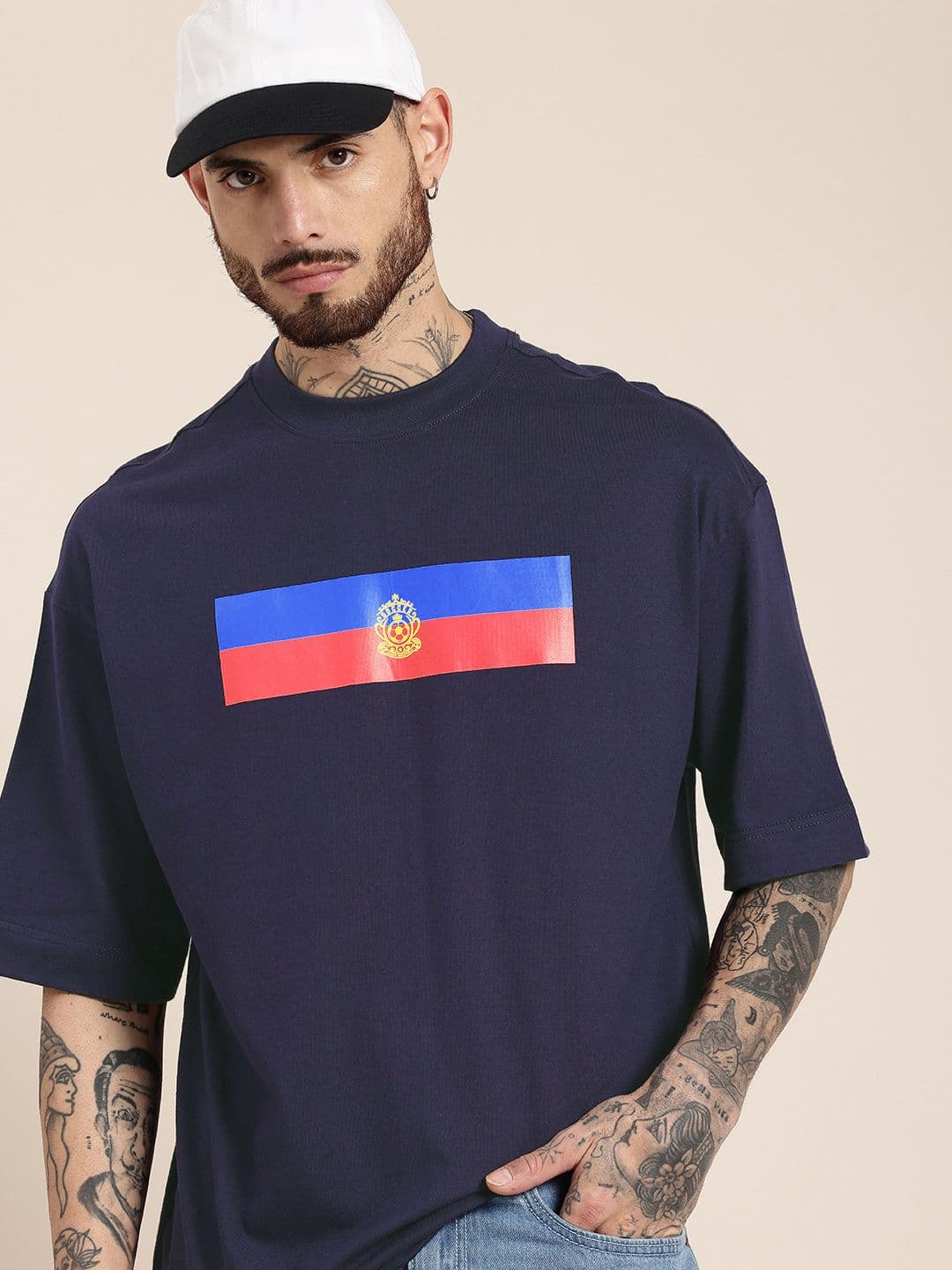 HERE&NOW Pure Cotton Graphic Printed Drop-Shoulder Sleeves Oversized Fit T-shirt - view 1