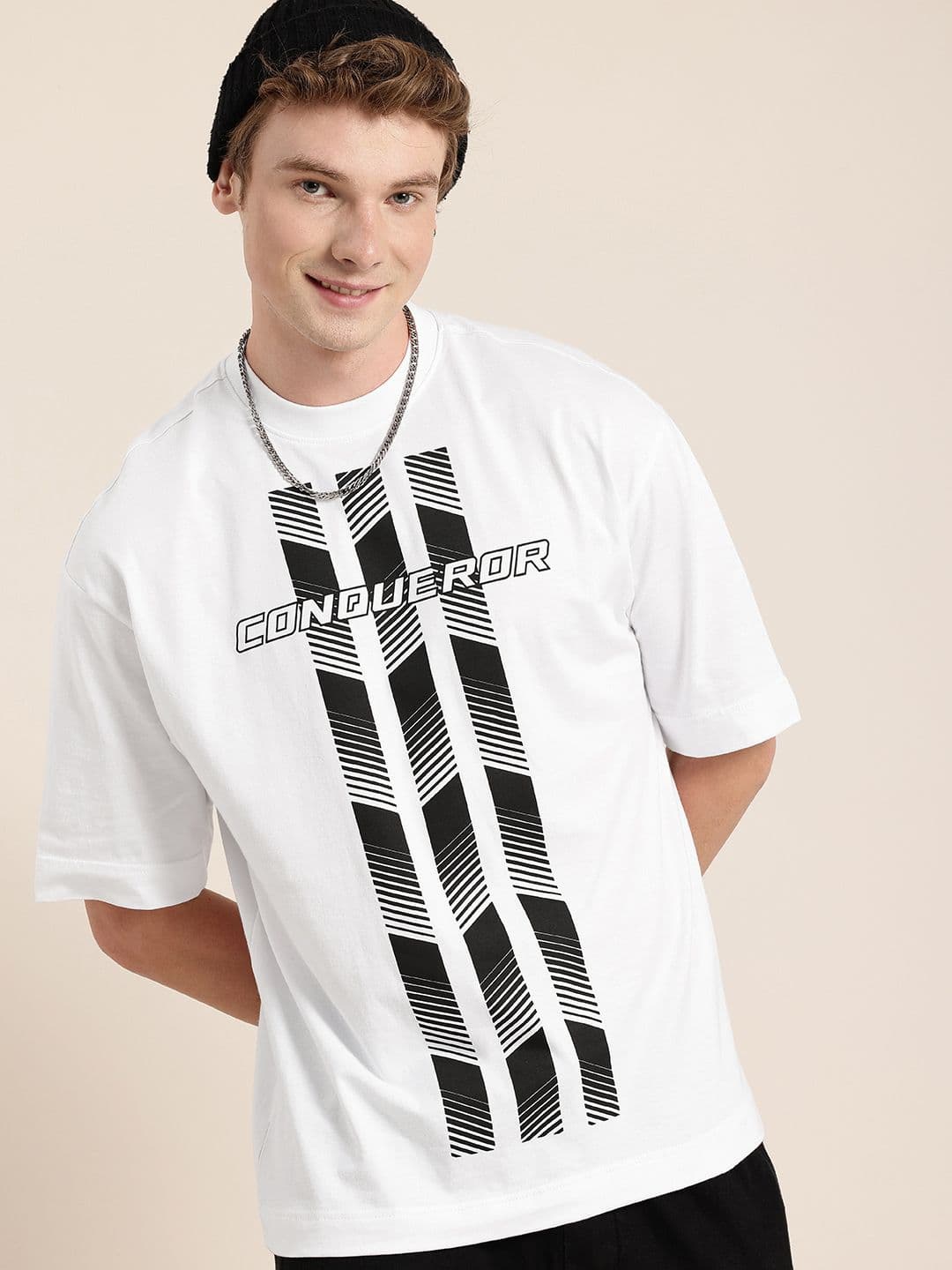 HERE&NOW Oversized Fit Graphic Printed Drop-Shoulder Sleeves Pure Cotton T-shirt - view 1