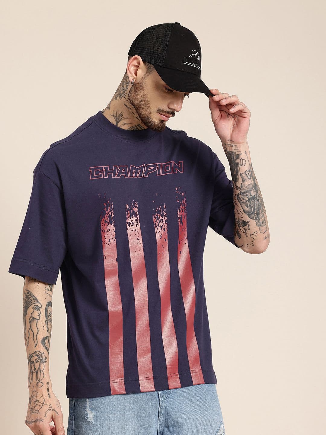 HERE&NOW Pure Cotton Graphic Printed Drop-Shoulder Sleeves Oversized Fit T-shirt - view 1