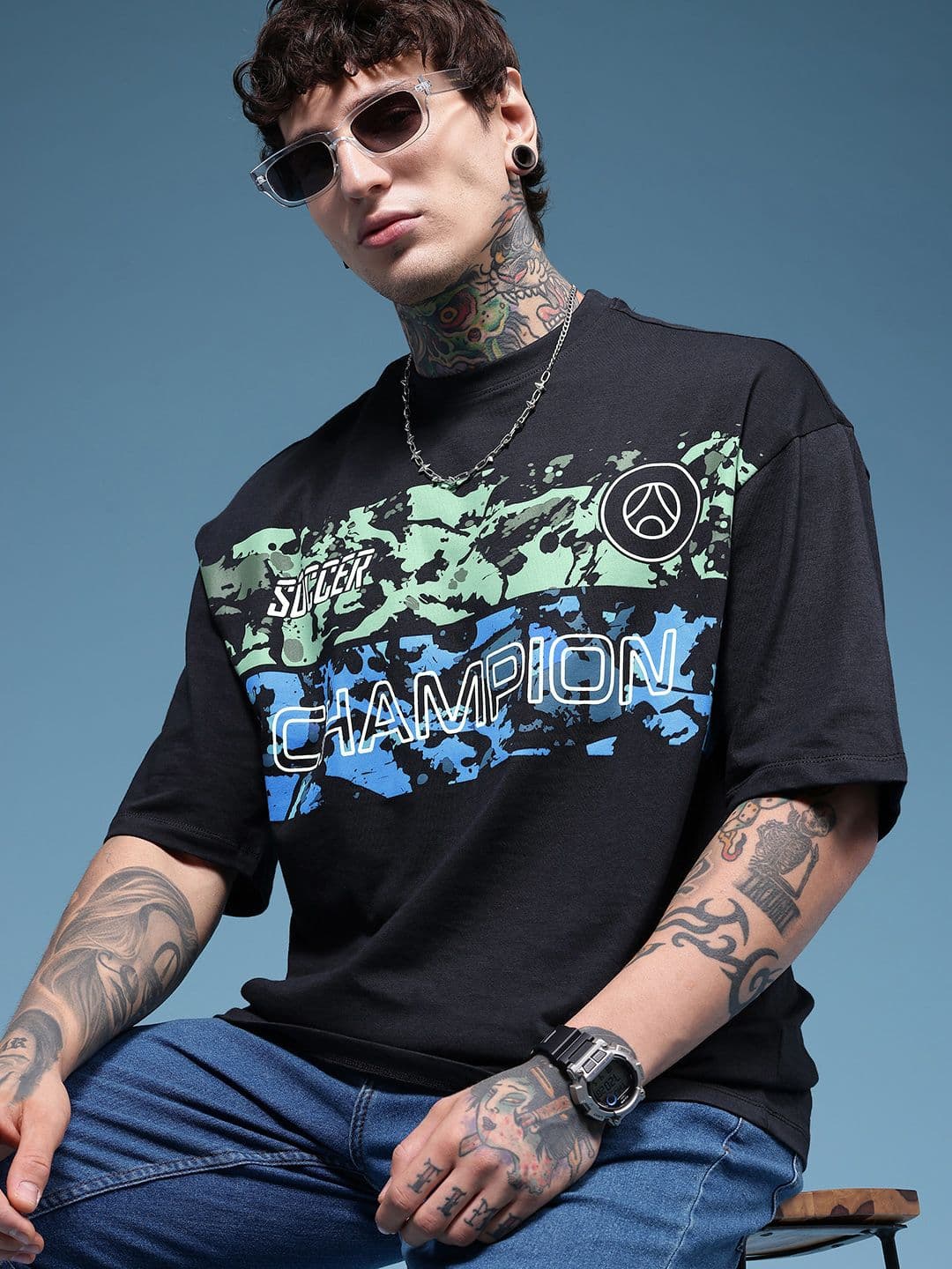 HERE&NOW Pure Cotton Abstract Printed Relaxed Fit T-shirt - view 1