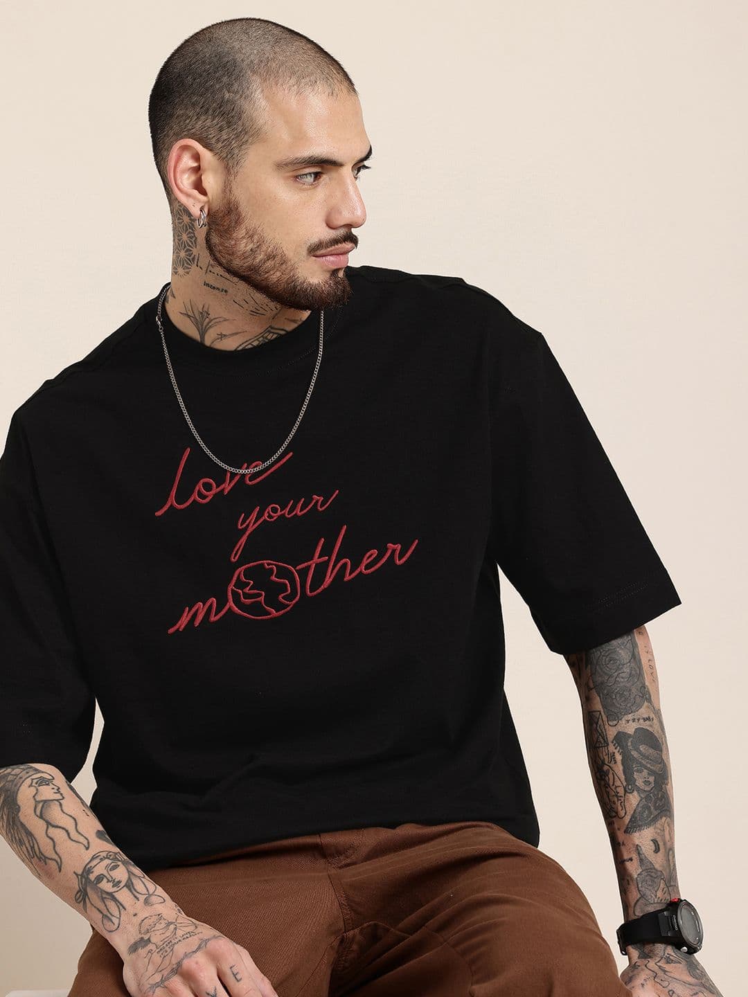 HERE&NOW Typography Printed Drop-Shoulder Sleeves Oversized Fit Pure Cotton T-shirt - view 1