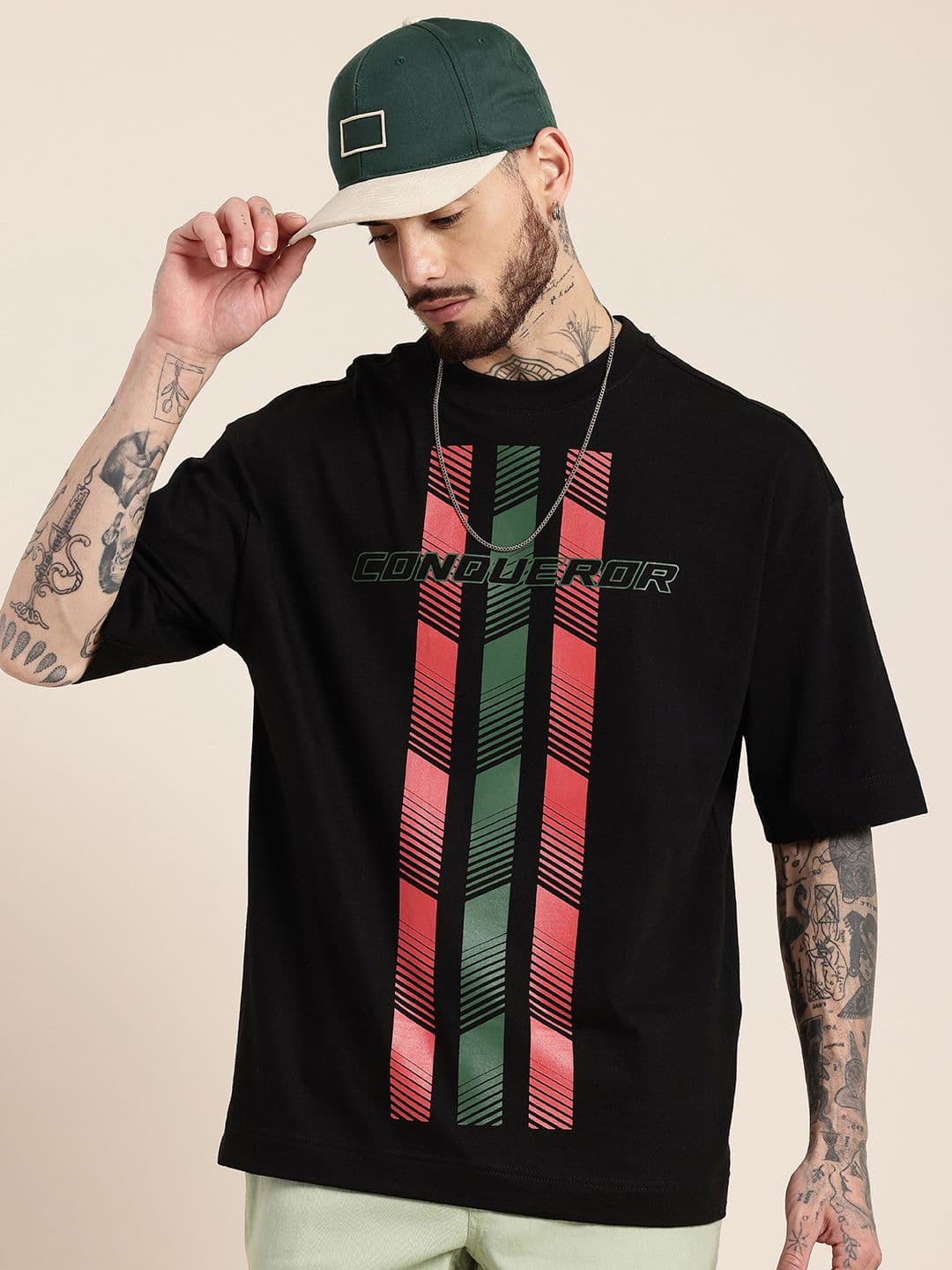 HERE&NOW Oversized Fit Graphic Printed Drop-Shoulder Sleeves Pure Cotton T-shirt - view 1