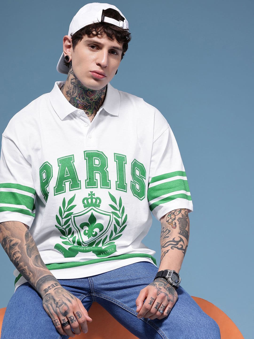 HERE&NOW Typography Printed Polo Collar Drop-Shoulder Sleeves Pure Cotton Relaxed Fit T-shirt - view 1