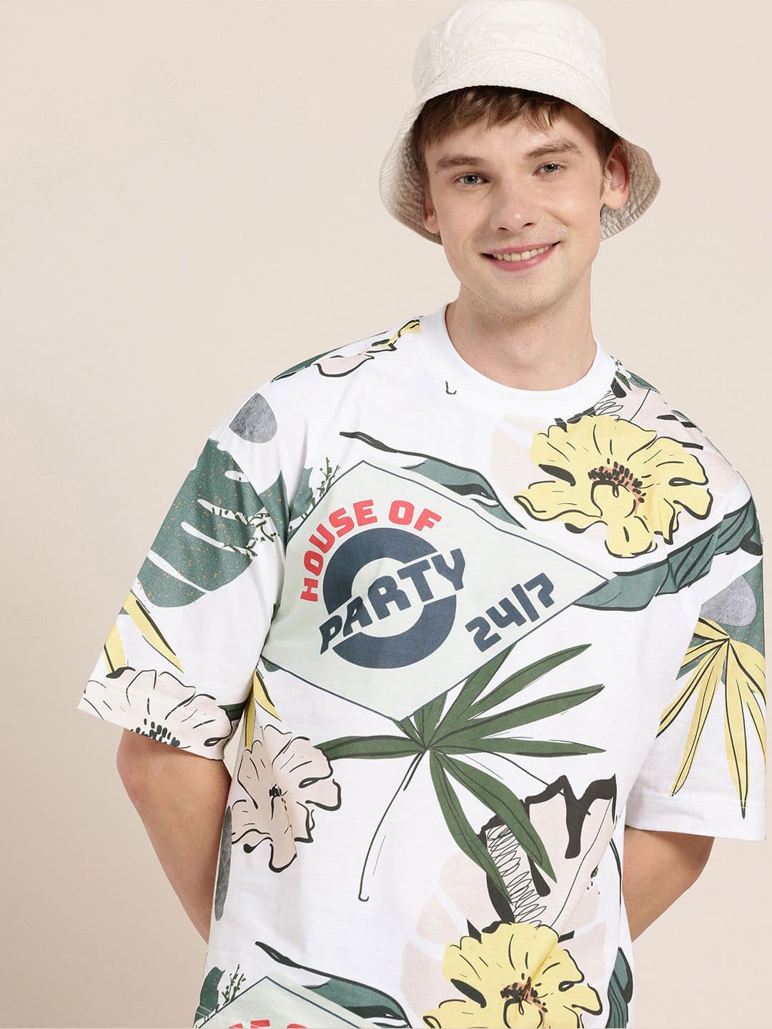 HERE&NOW Printed Drop-Shoulder Sleeves Pure Cotton Oversized Fit T-shirt - view 1