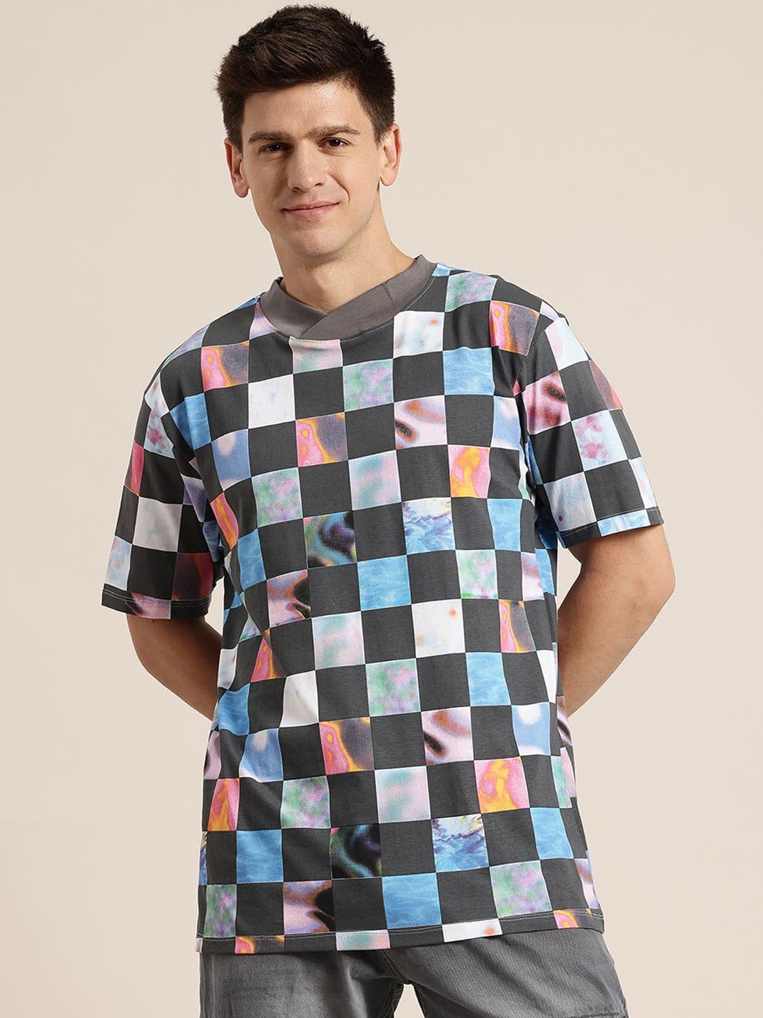 HERE&NOW Checked Pure Cotton Longline T-shirt - view 1