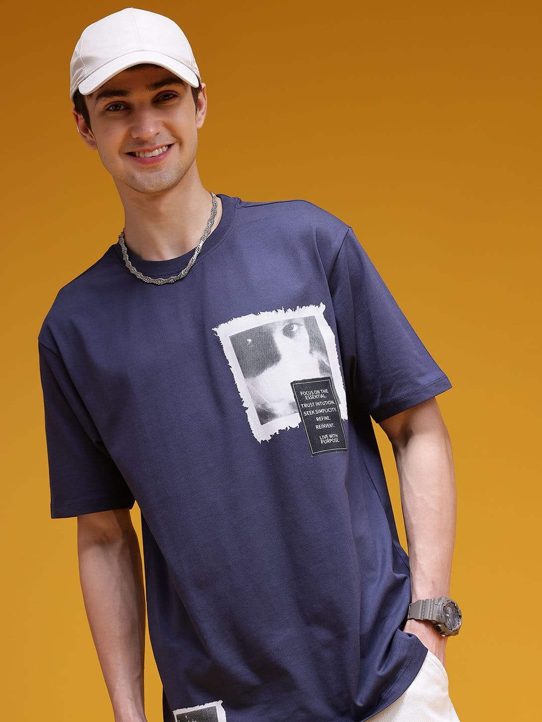 HERE&NOW Printed Drop-Shoulder Sleeves Pure Cotton Relaxed T-shirt - view 1