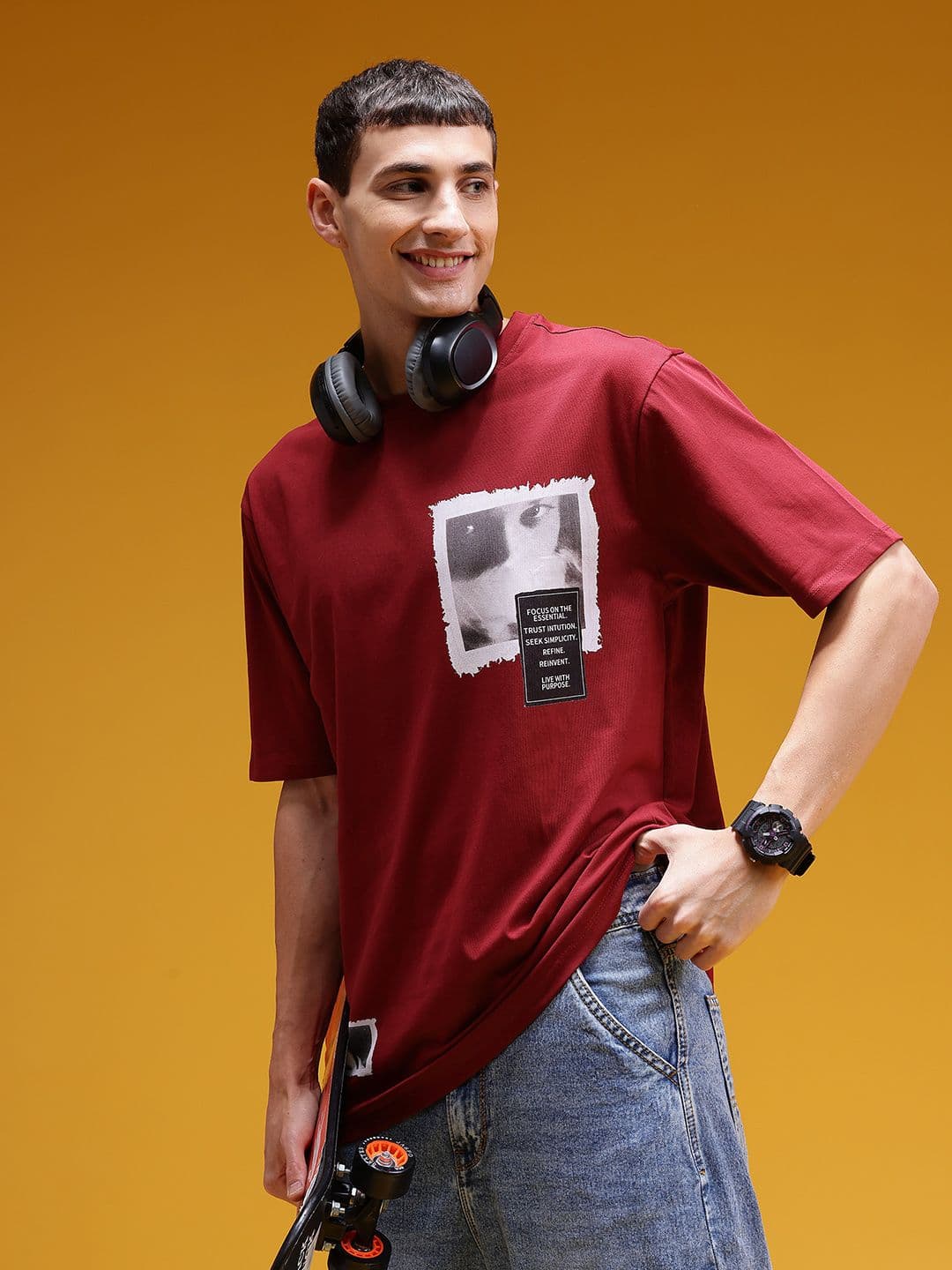 HERE&NOW Men Photographic Printed Drop-Shoulder Sleeves Cotton T-shirt - view 1