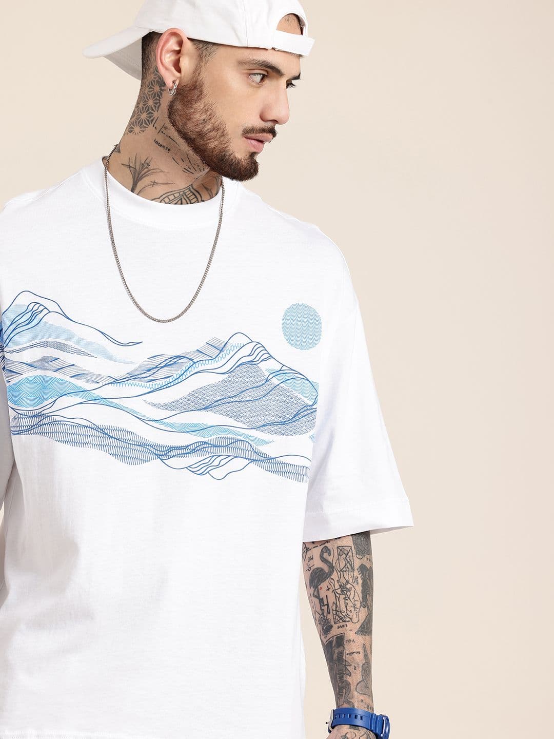 HERE&NOW Oversized Fit Printed Drop-Shoulder Sleeves Pure Cotton T-shirt - view 1