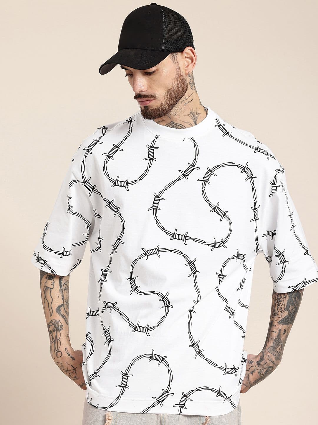 HERE&NOW Printed Drop-Shoulder Sleeves Oversized Pure Cotton T-shirt - view 1