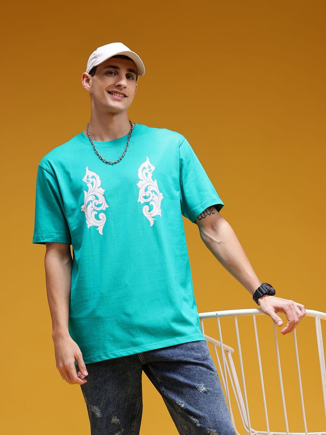 HERE&NOW Men Ethnic Printed Drop-Shoulder Sleeves Cotton T-shirt - view 1