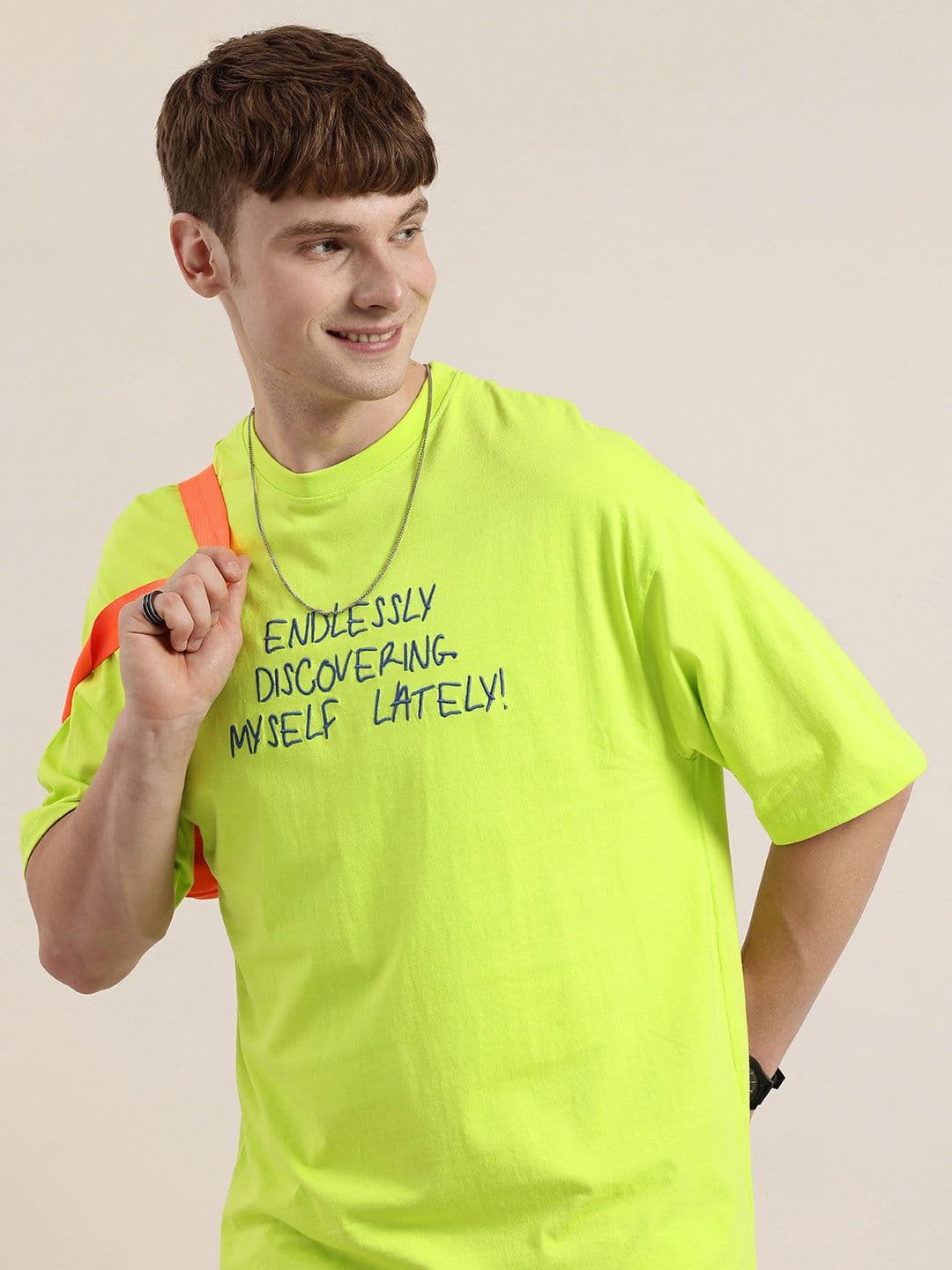 HERE&NOW Typography Printed Drop-Shoulder Sleeves Pure Cotton Relaxed Fit T-shirt - view 1