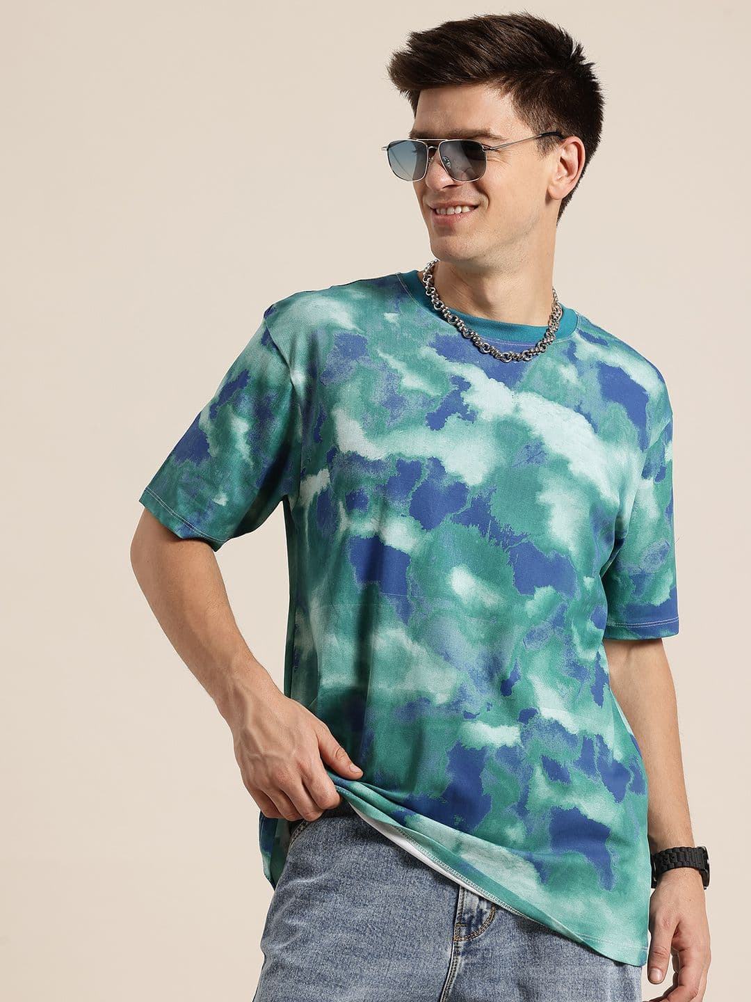 HERE&NOW Printed Drop-Shoulder Sleeves Cotton Relaxed T-shirt - view 1