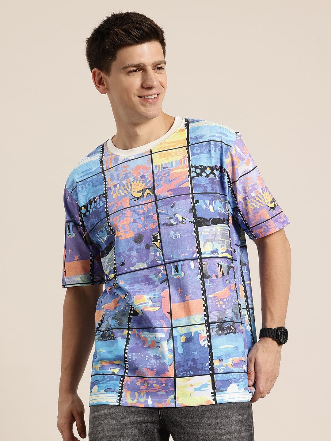 HERE&NOW Printed Drop-Shoulder Sleeves Cotton Relaxed T-shirt - view 1