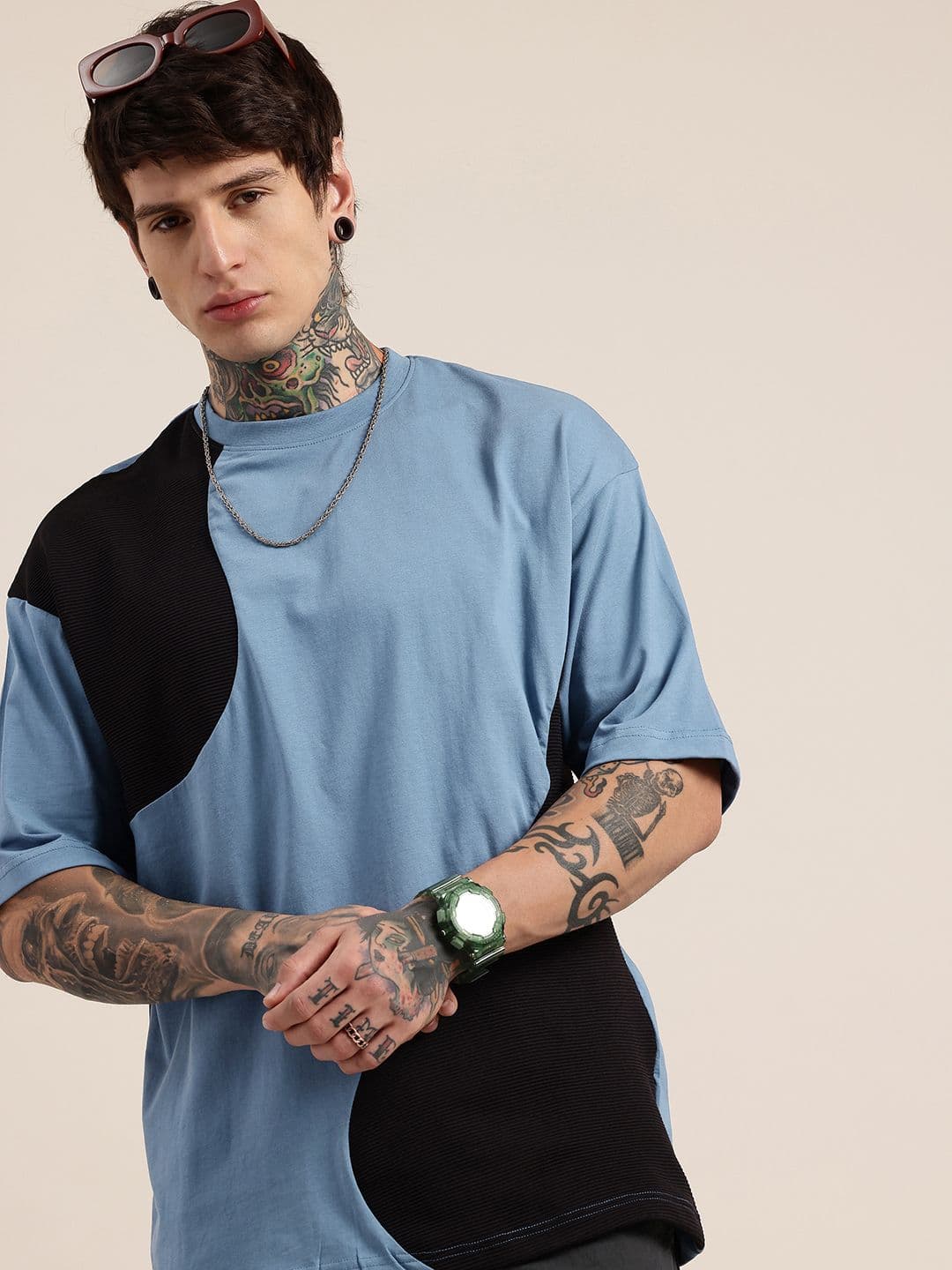 HERE&NOW Relaxed Fit Self Design Textured Pure Cotton T-shirt - view 1