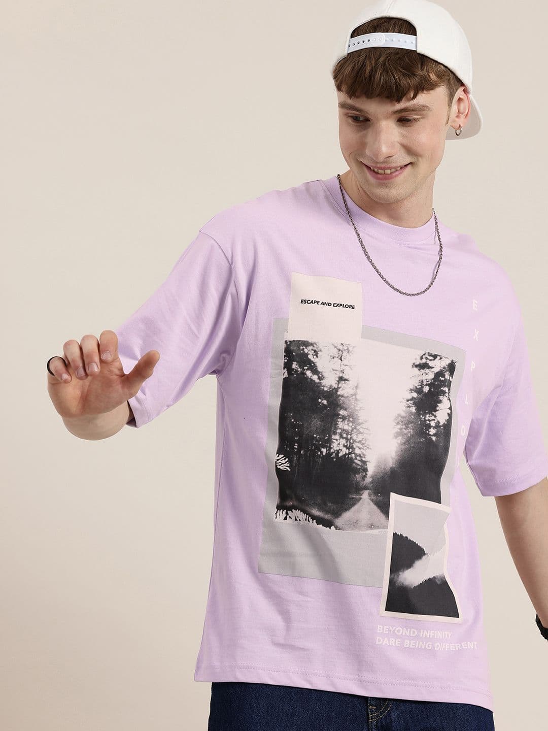 HERE&NOW Graphic Printed Drop-Shoulder Sleeves Pure Cotton Relaxed Fit T-shirt - view 1