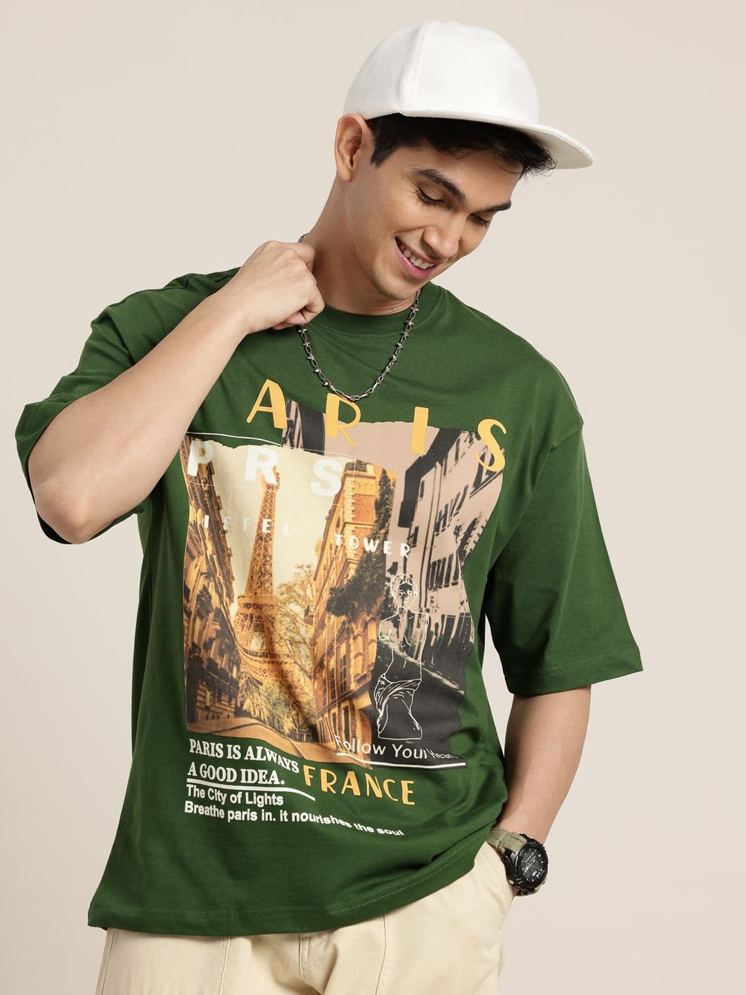 HERE&NOW Printed Drop-Shoulder Sleeves Oversized Pure Cotton T-shirt - view 1