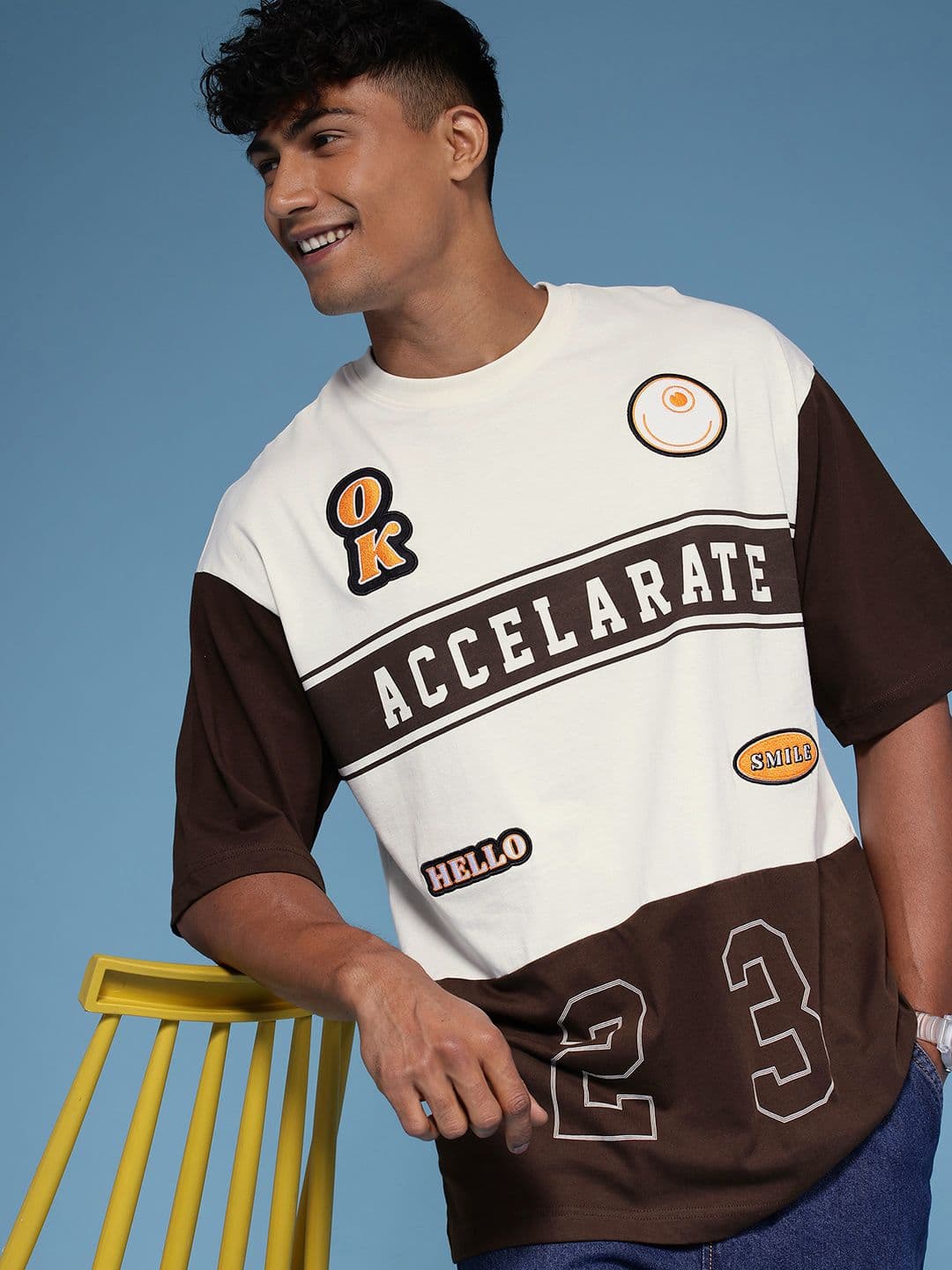 HERE&NOW Relaxed Fit Typography Printed Applique Pure Cotton T-shirt - view 1