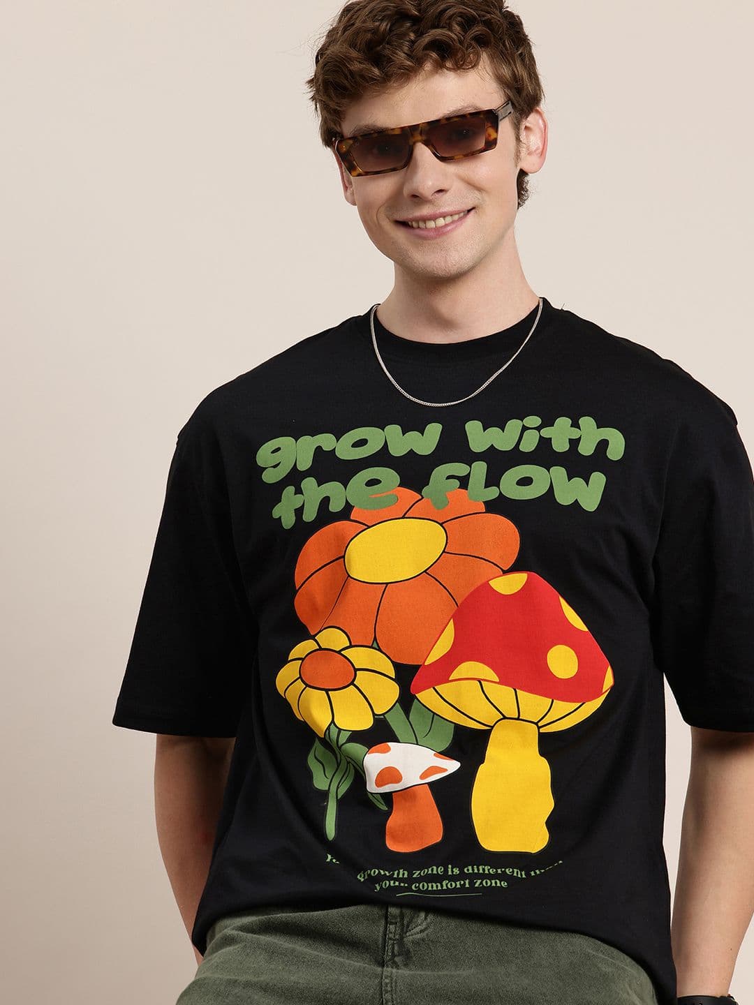 HERE&NOW Pure Cotton Graphic Printed Drop-Shoulder Sleeves Oversized Fit T-shirt - view 1