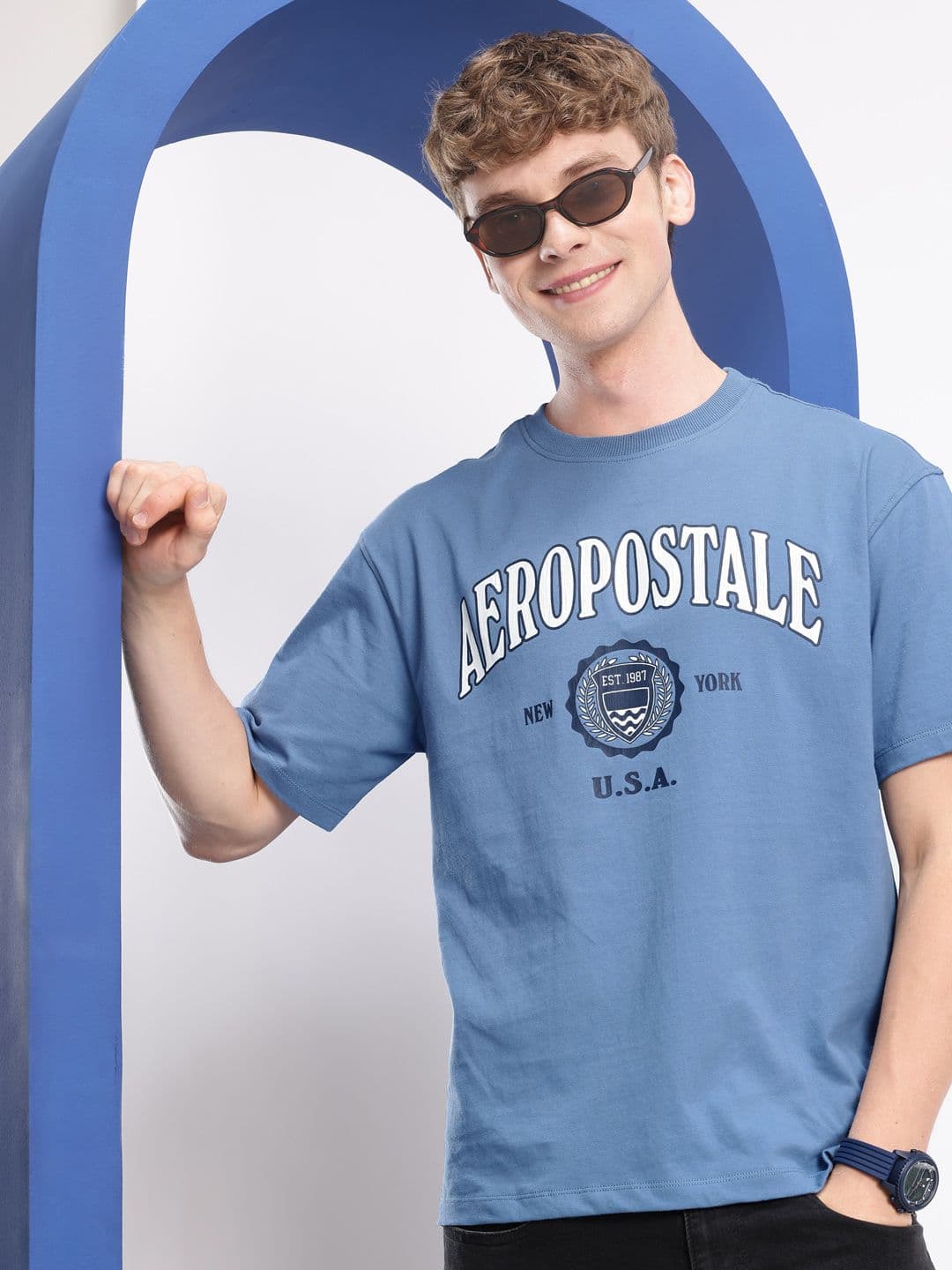 Aeropostale Brand Logo Printed Drop-Shoulder Sleeves Pure Cotton Relaxed Fit T-shirt - view 1