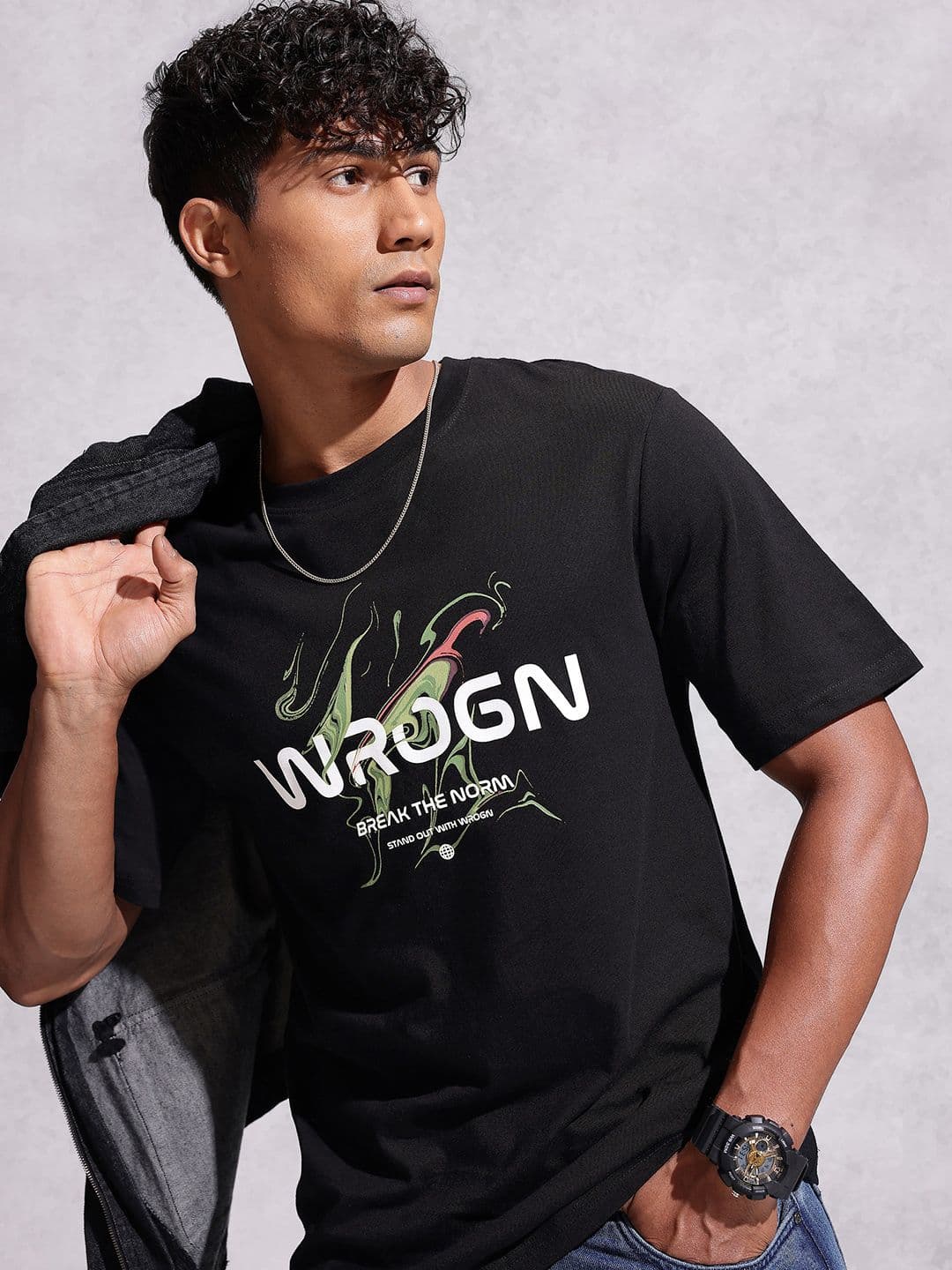 WROGN Brand Logo Printed Drop-Shoulder Sleeves Cotton Regular Fit T-shirt - view 1