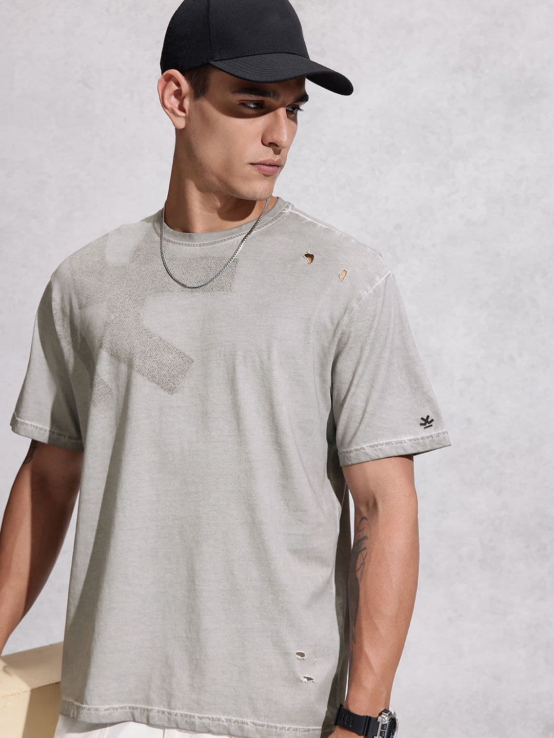 WROGN Brand Logo Printed Drop-Shoulder Sleeves Pure Cotton Oversized T-shirt - view 1