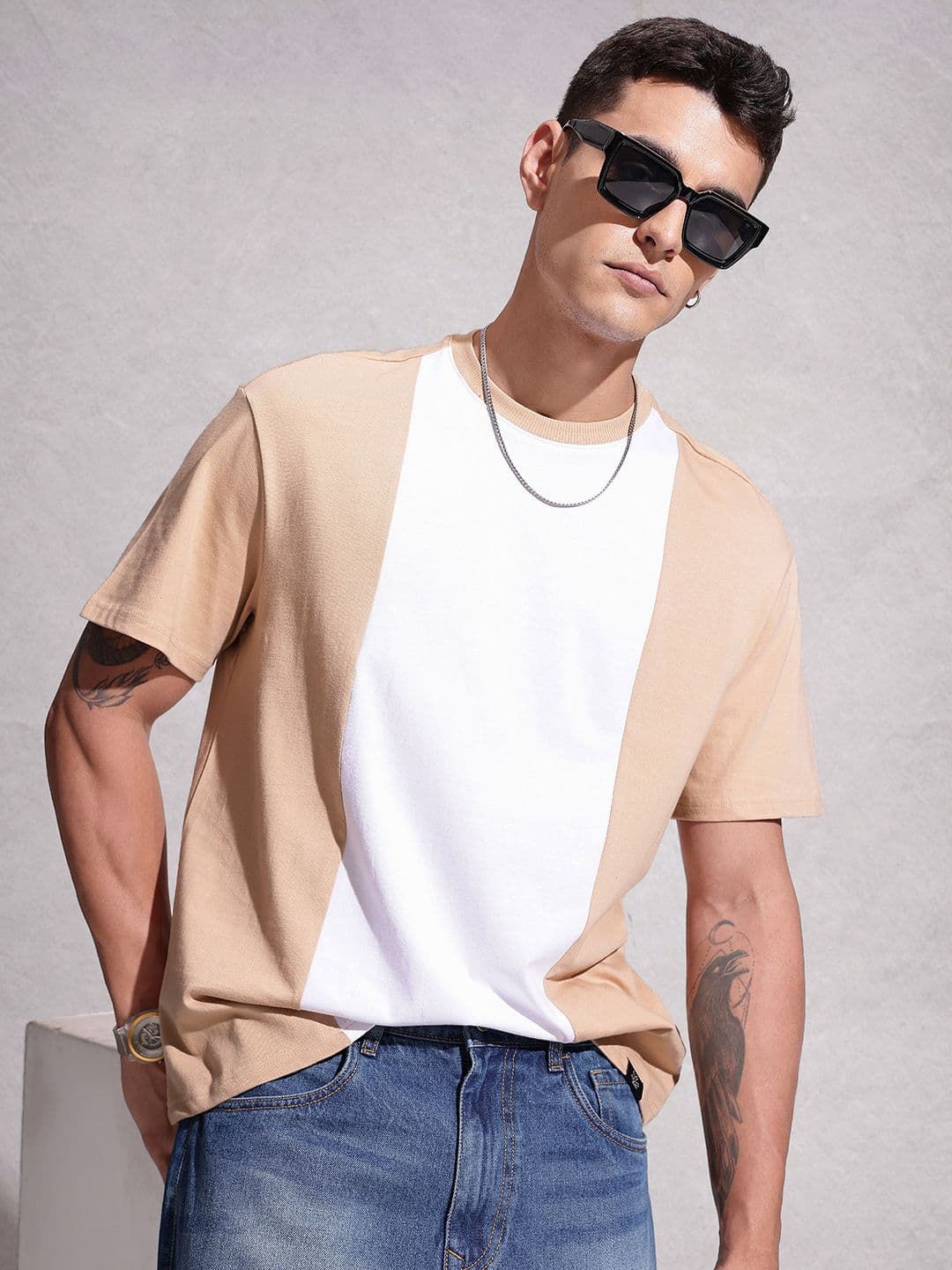 WROGN Colourblocked Drop-Shoulder Sleeves Cotton Oversized T-shirt - view 1
