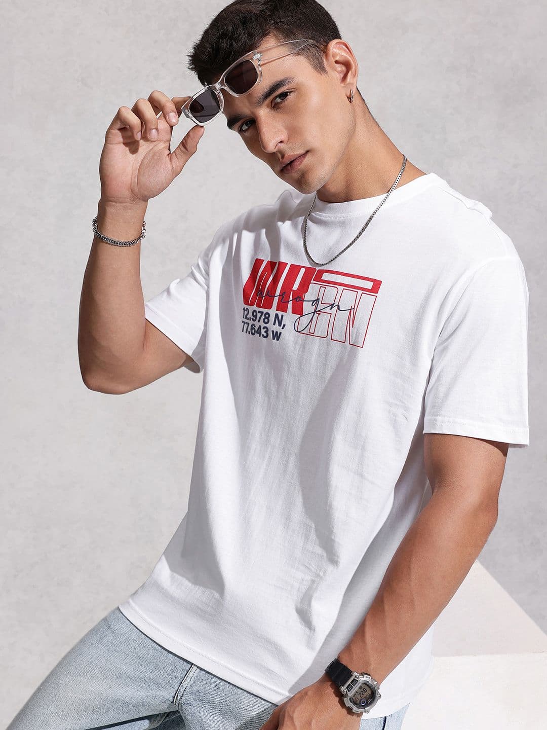 WROGN Brand Logo Printed Drop-Shoulder Sleeves Cotton Oversized T-shirt - view 1