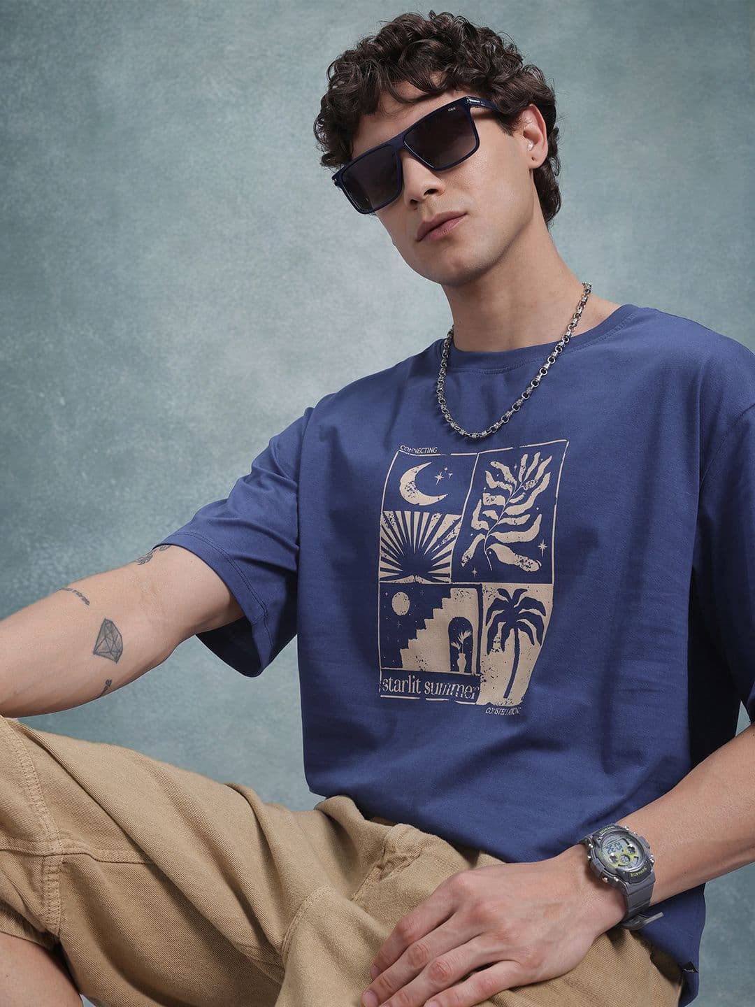 The Roadster Life Co. Conversational Print Drop-Sleeves Pure Cotton Relaxed Fit T-shirt - view 1
