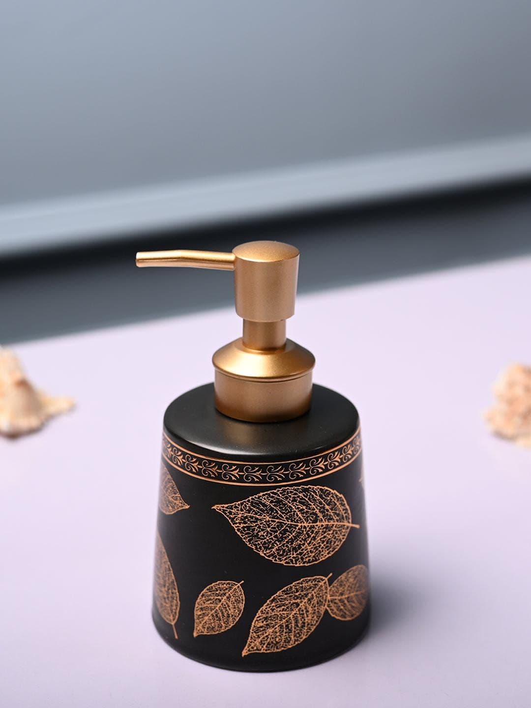MARKET99 Black & Rust Leaf Printed Cylindrical Ceramic Waterproof Soap Dispenser - 450 ml - view 1
