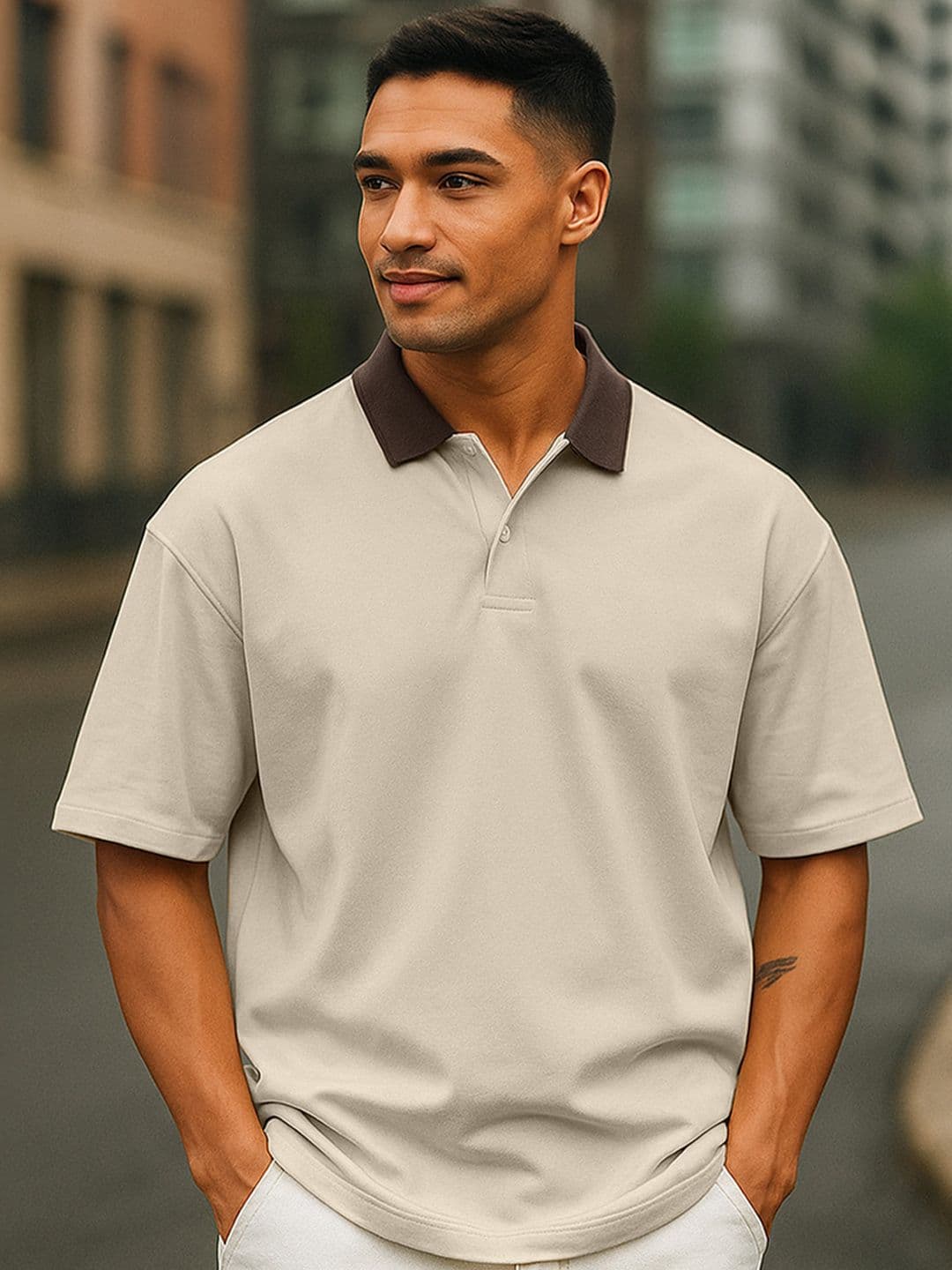 VEIRDO Men Solid Beige Pure Cotton Polo Collar Oversized T-shirt - view 1
