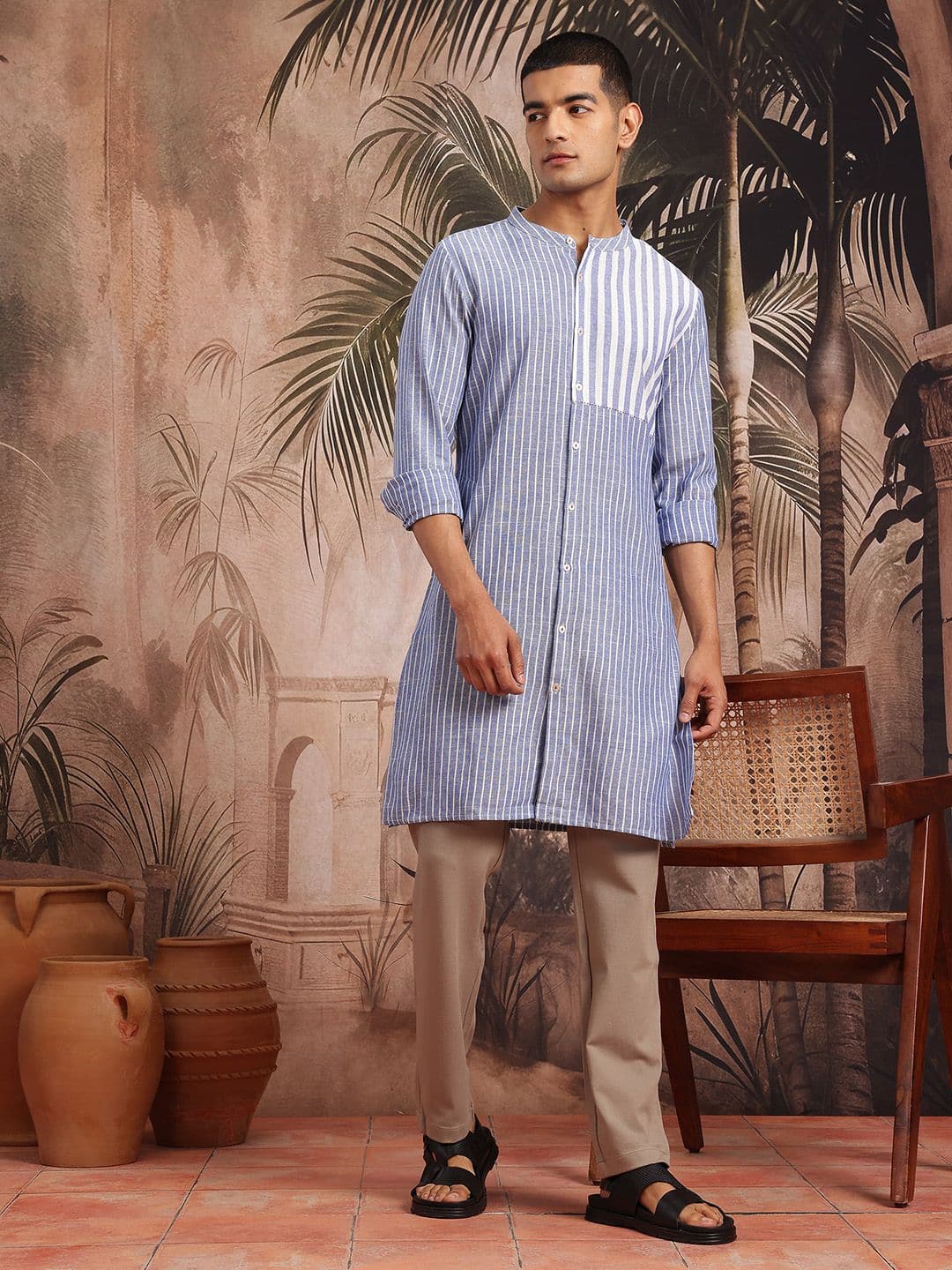 Sangria Band Collar Striped Kurta - view 1