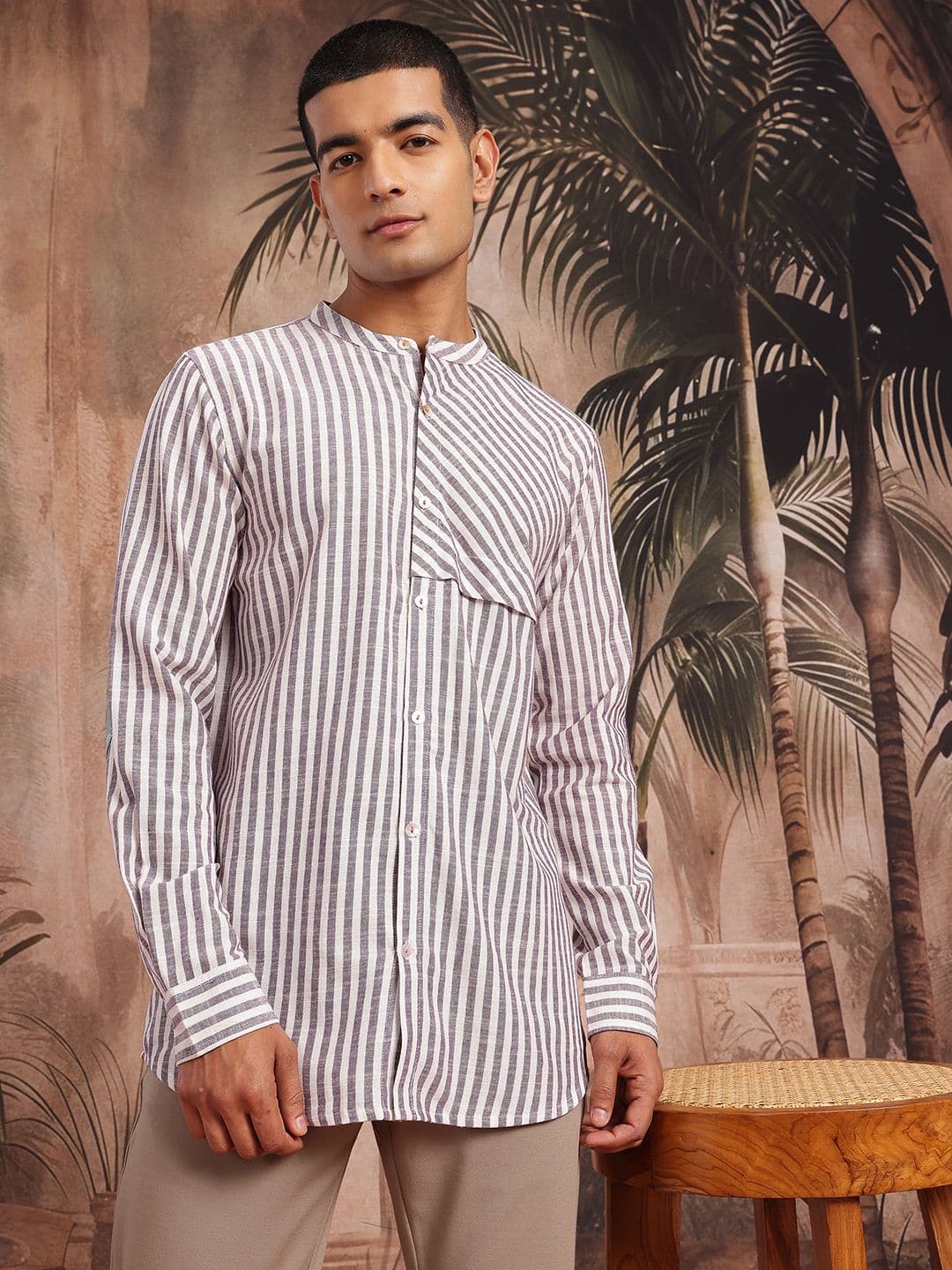 Sangria Vertically Striped Mandarin Collar Button-Down Straight Kurta with Patchworks - view 1