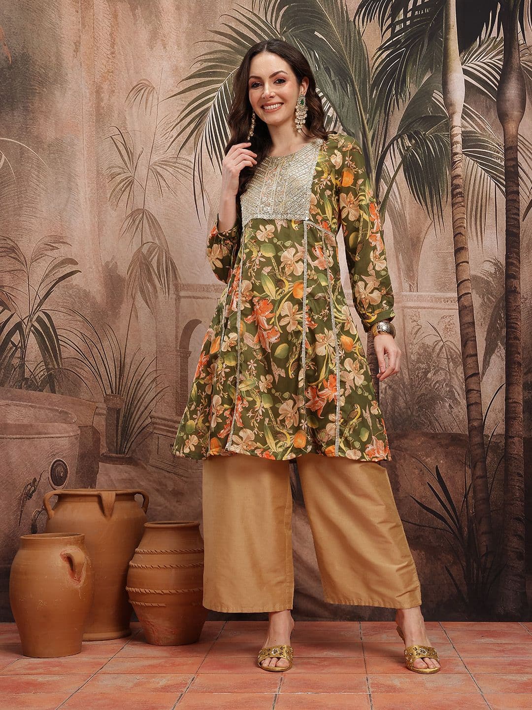 Sangria Women Floral Printed Sequined Zari Work Empire Style A-Line Kurta - view 1