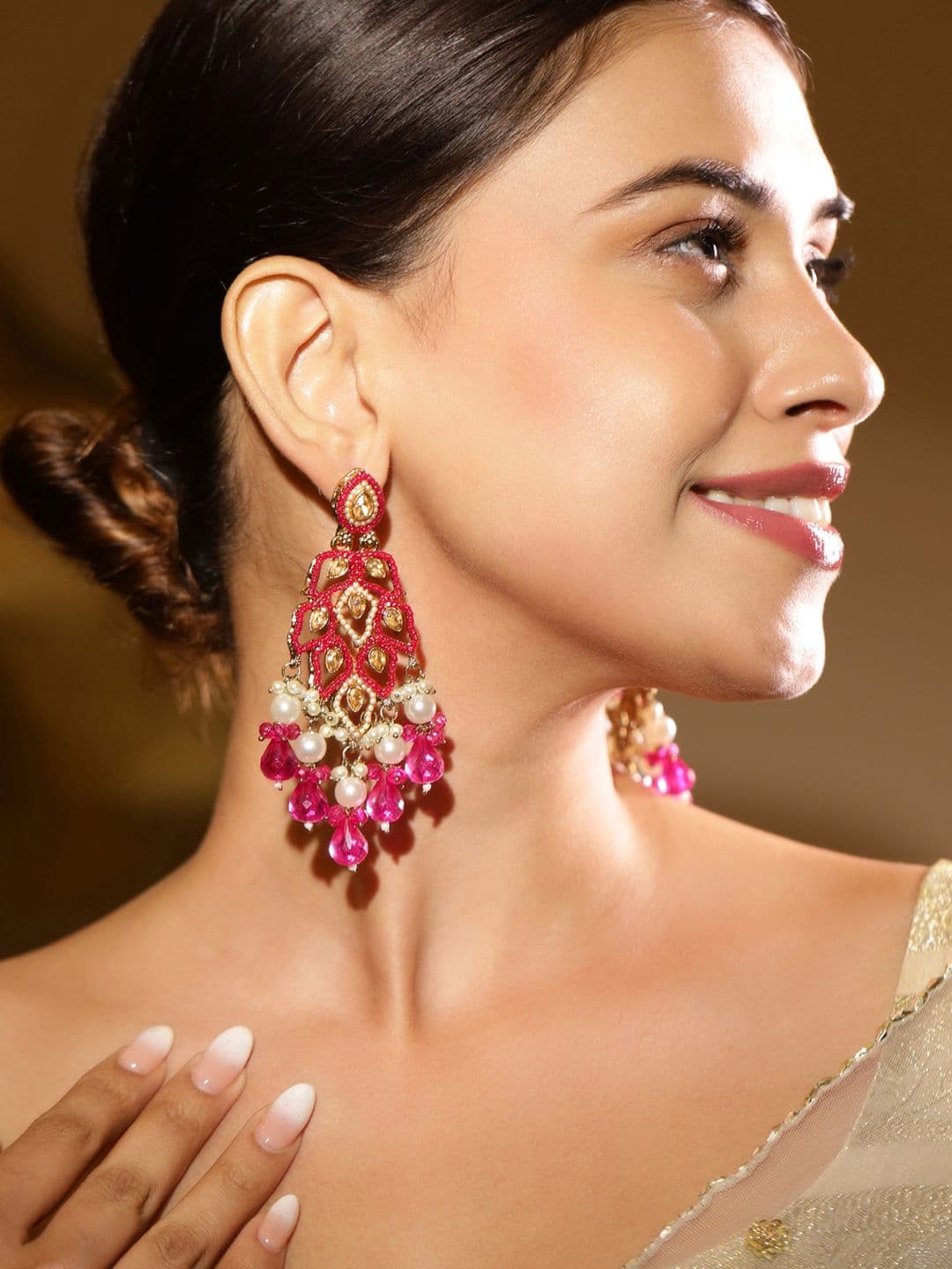Rubans 22K Gold Plated Pink Stone & Kundan Studded Chandelier with Pearl & Bead Accents - view 1