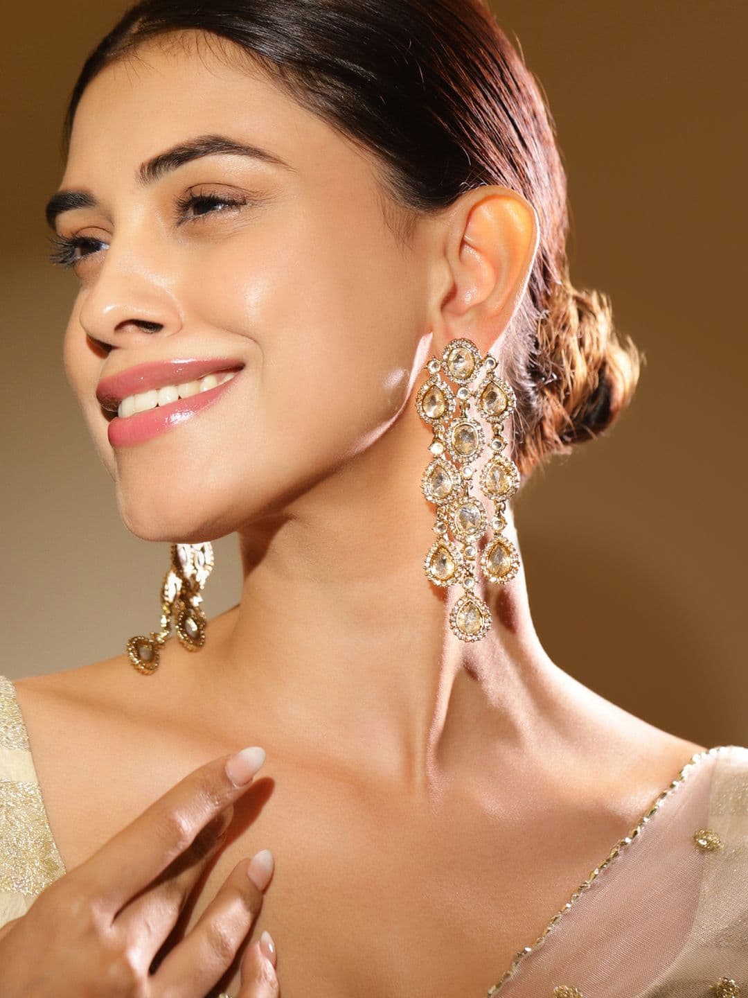 Rubans 22K Gold Plated White Cubic Zirconia Studded Cascading Chandelier Earrings - view 1