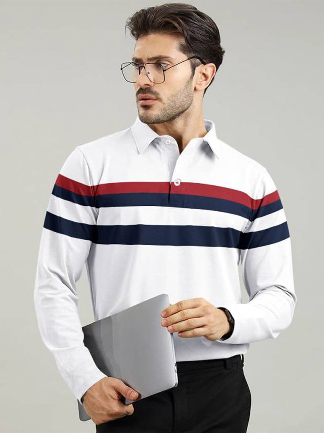 AUSK Men Striped Polo Collar Pure Cotton T-shirt - view 1