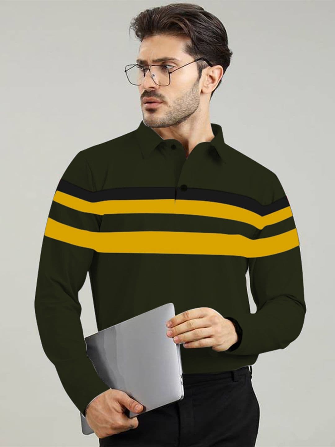 AUSK Men Striped Polo Collar Extended Sleeves Cotton T-shirt - view 1
