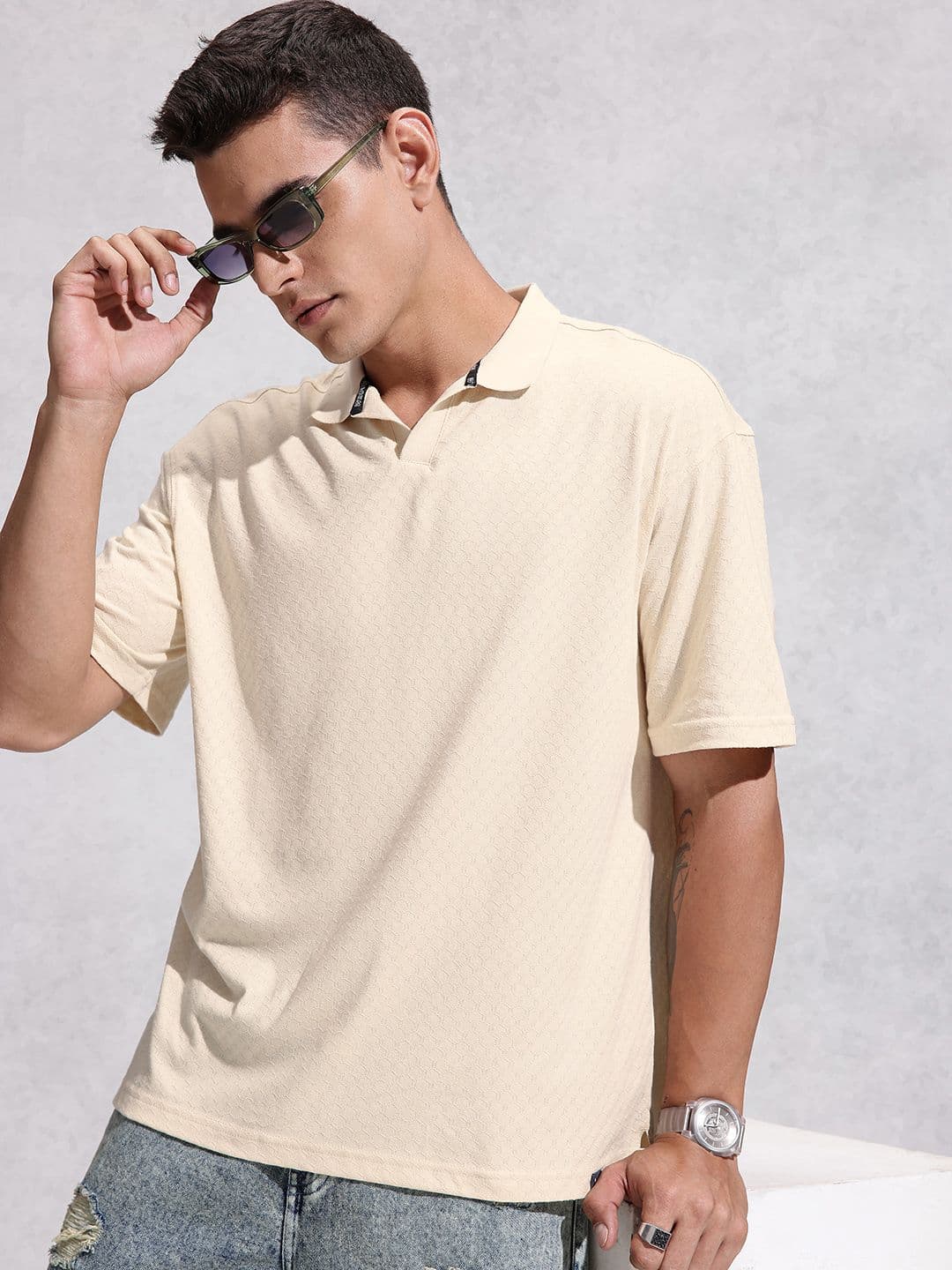 WROGN Self Design Textured Oversized Polo Collar T-shirt - view 1