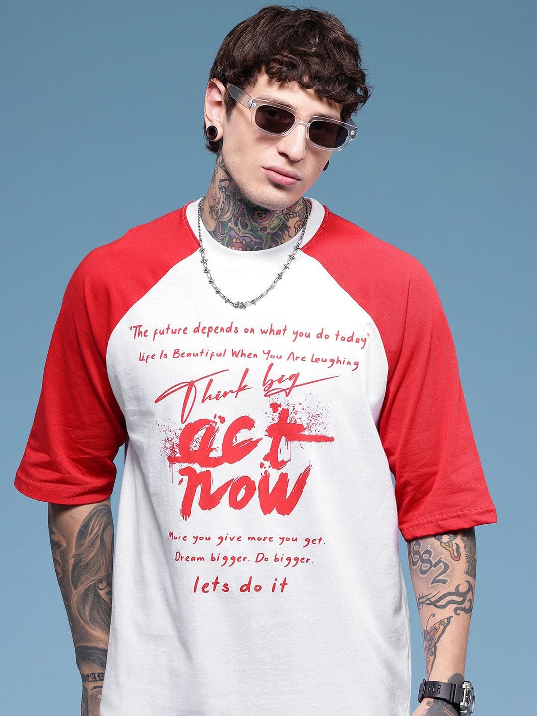 HERE&NOW Typography Printed Raglan Sleeves Pure Cotton Relaxed Fit T-shirt - view 1