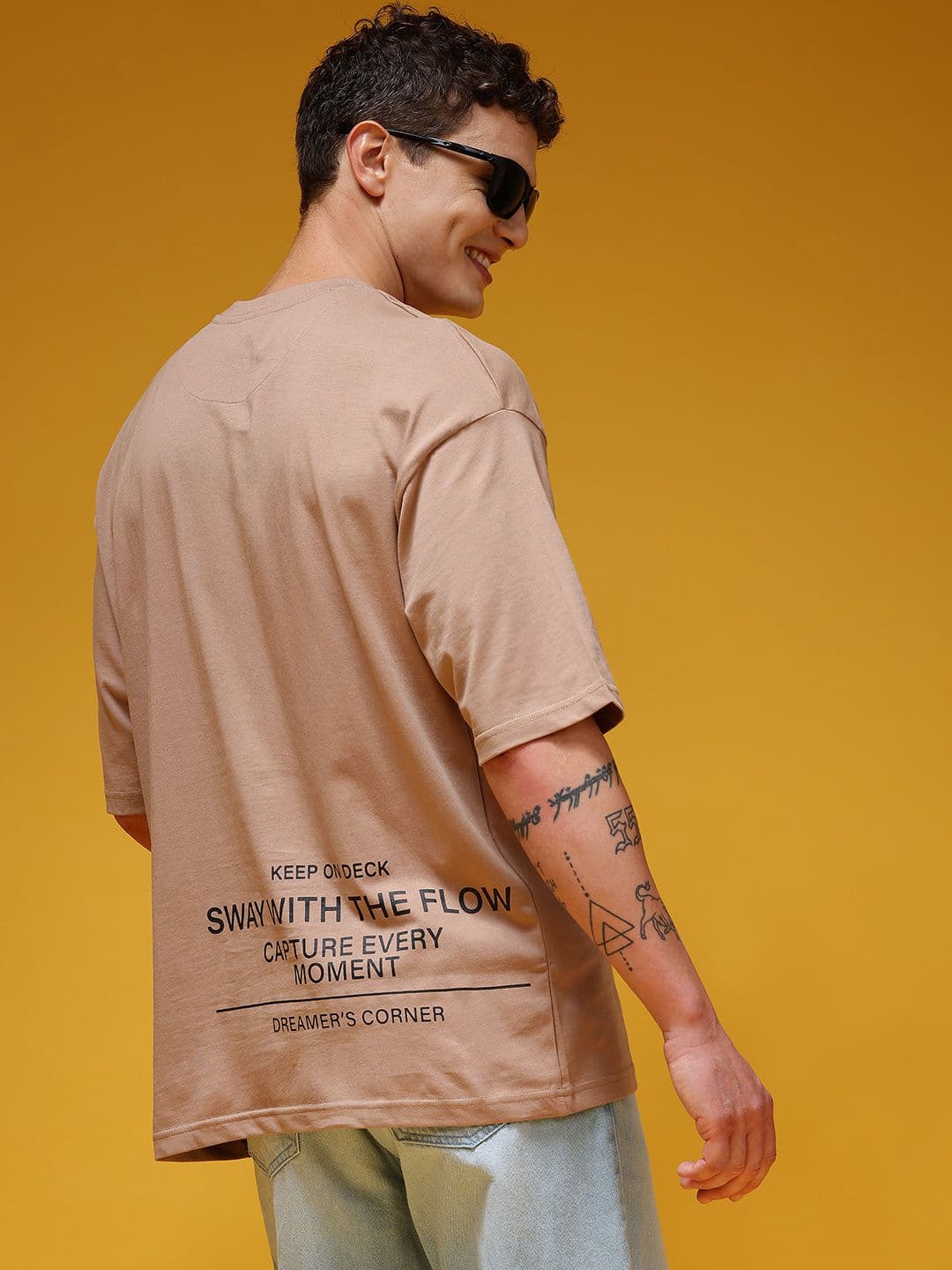 HERE&NOW Typography Printed Drop-Shoulder Sleeves Pure Cotton Oversized Longline T-shirt - view 1