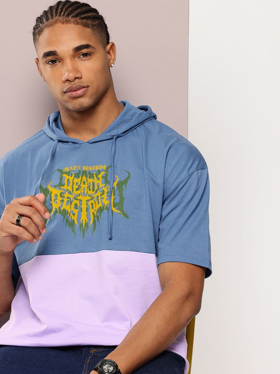 Kook N Keech Colourblocked Typography Printed Hooded Drop-Shoulder Sleeves T-shirt - view 1