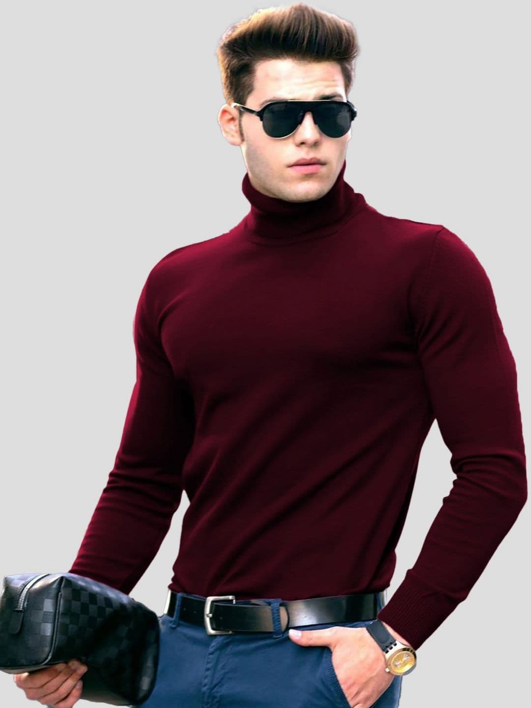 AUSK Men Burgundy Solid High Neck Cotton T-shirt - view 1