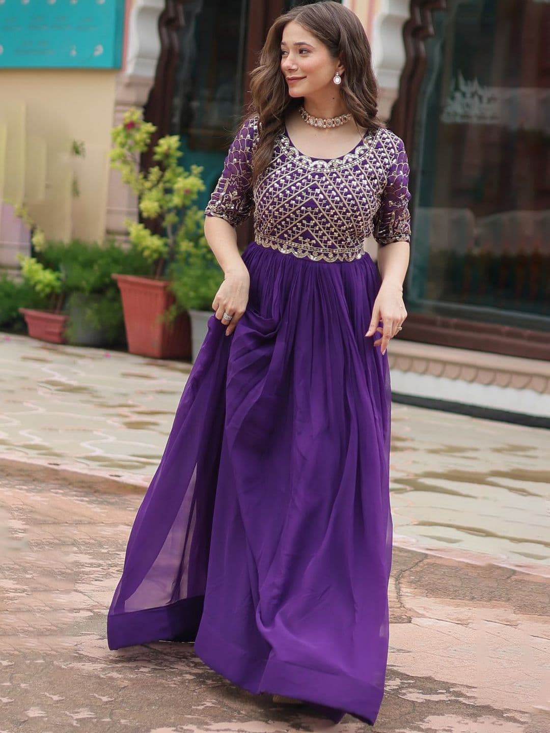 KALINI Embroidered Sequined Detail Ethnic Maxi Dresses - view 1