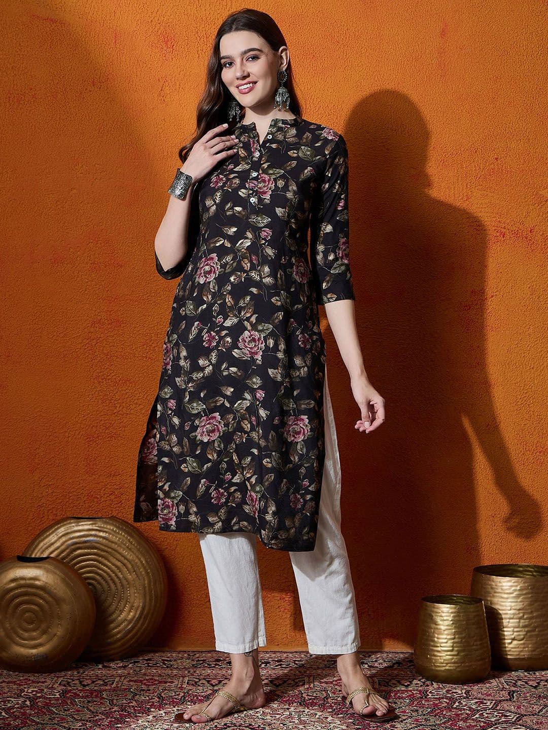 Anouk X fwd Floral Printed Chanderi Silk Straight Kurta - view 1